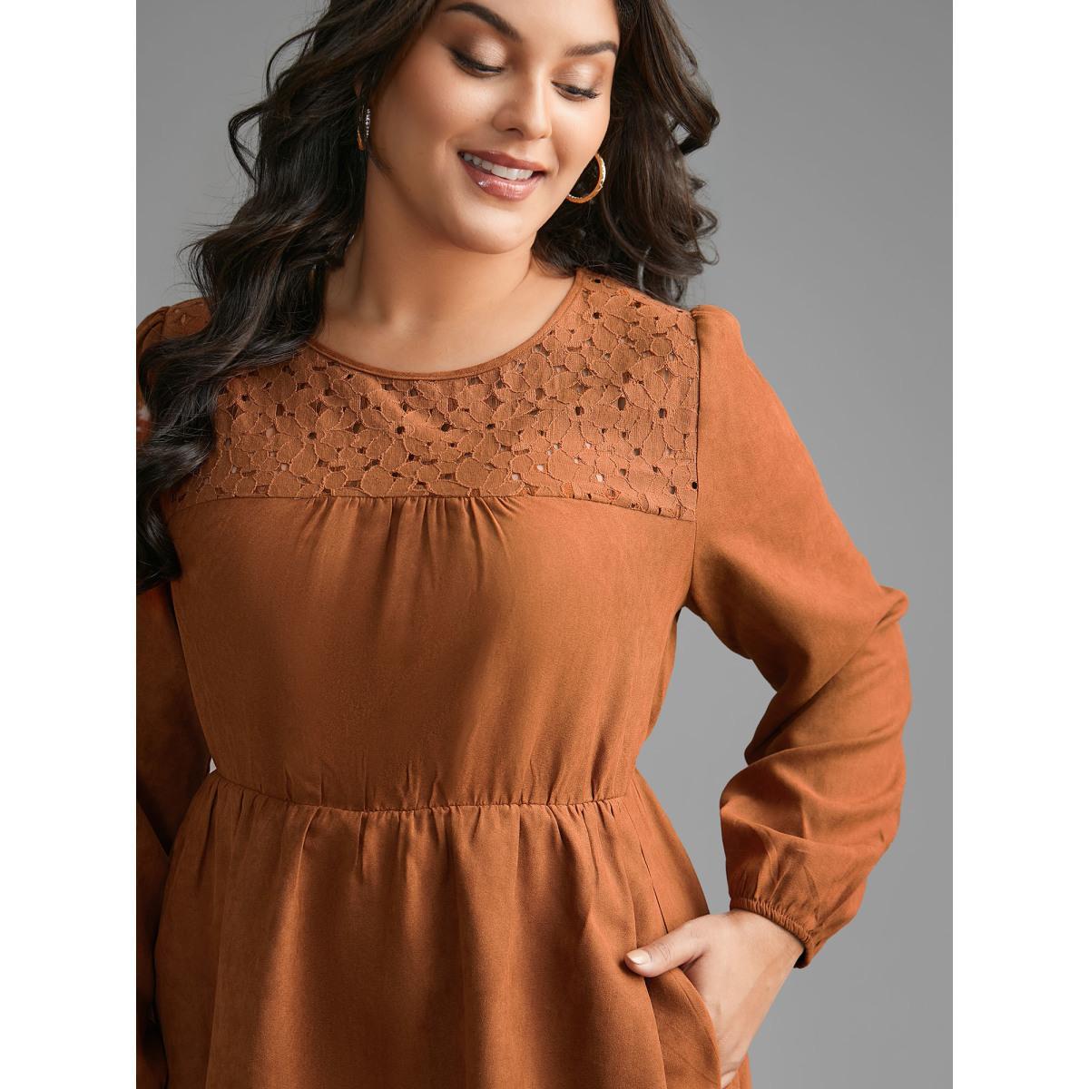 Plus Size Faux Suede Lace Panel Lantern Sleeve Dress Yellowishbrown Women Elegant Texture Round Neck Long Sleeve Curvy BloomChic 30/6X Product Image