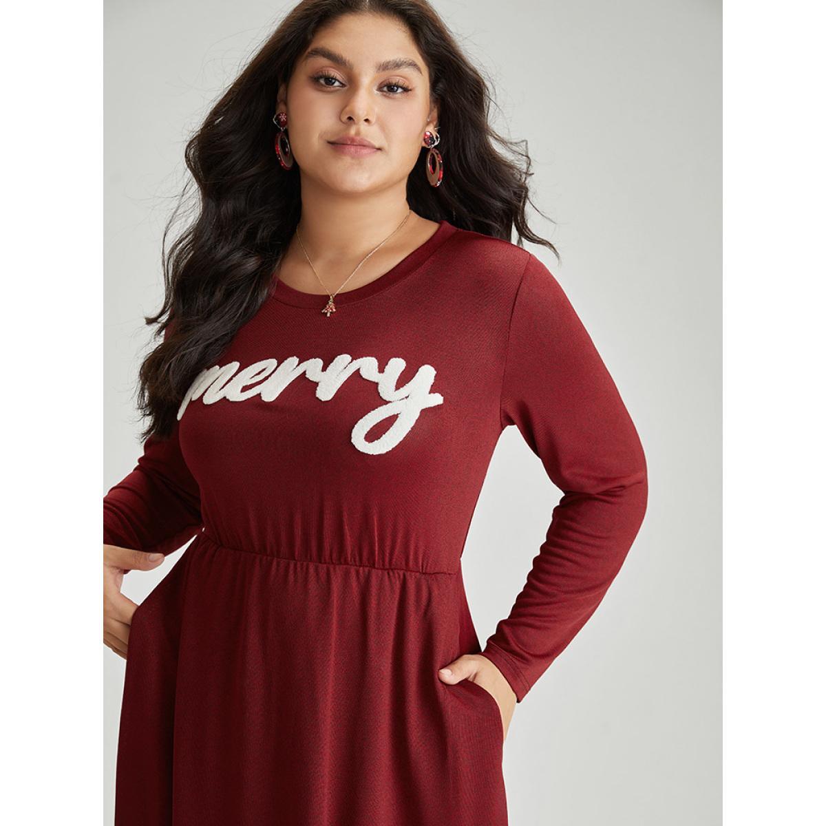 Plus Size Holiday Greetings Embroidered Pocket Elastic Waist Dress Scarlet Women Elegant Embroidered Round Neck Long Sleeve Curvy Midi Dress BloomChic 10/M Product Image
