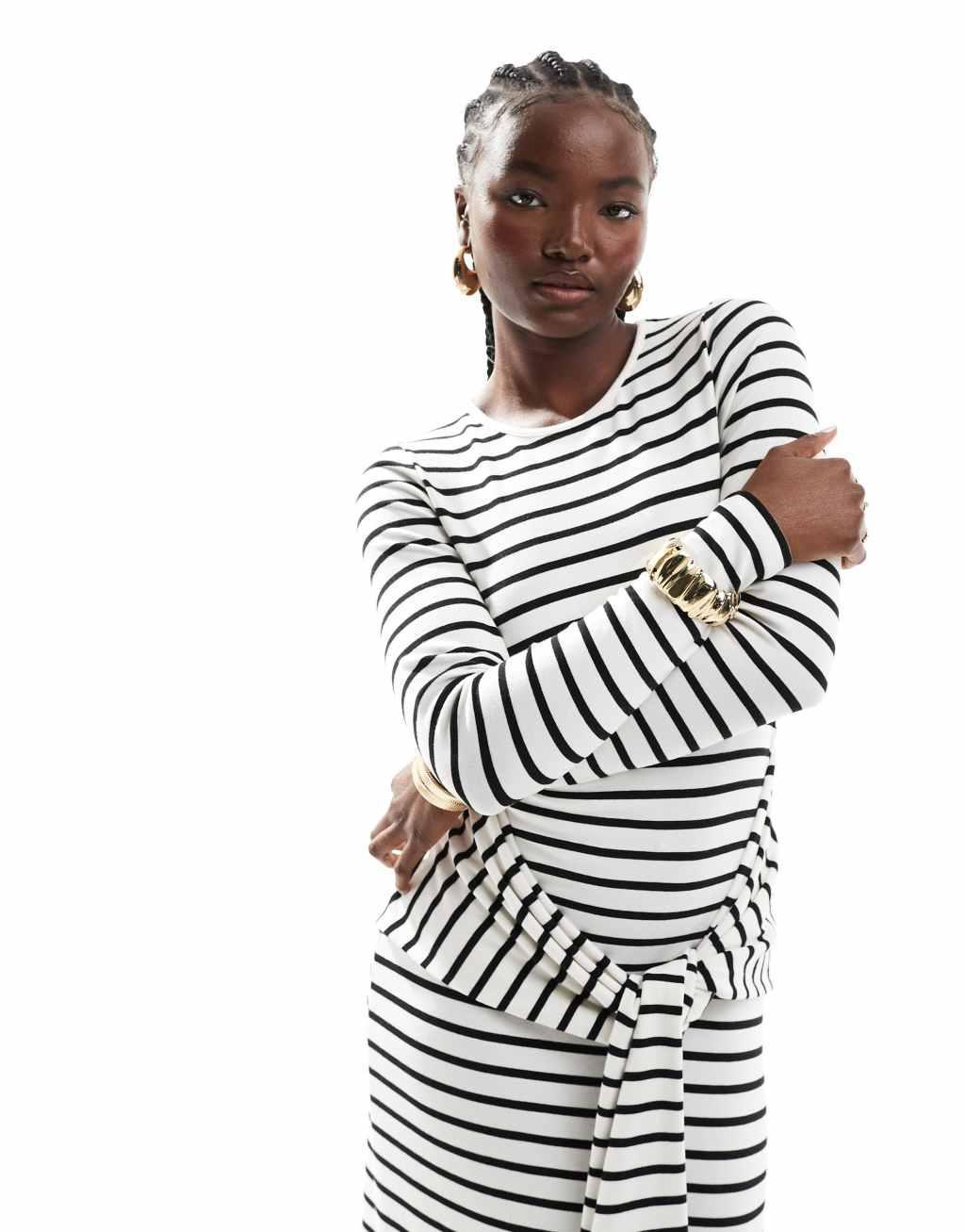 4th & Reckless knit long sleeve tie front maxi dress in black and white stripe Product Image