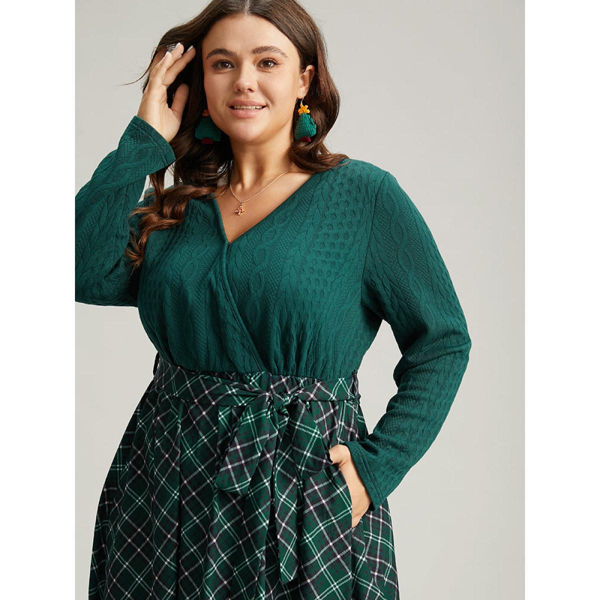 Plus Size Christmas Plaid Wrap Belted Cable Knit Dress Emerald Women Office Texture Overlap Collar Long Sleeve Curvy Midi Dress BloomChic 18-20/2X Product Image