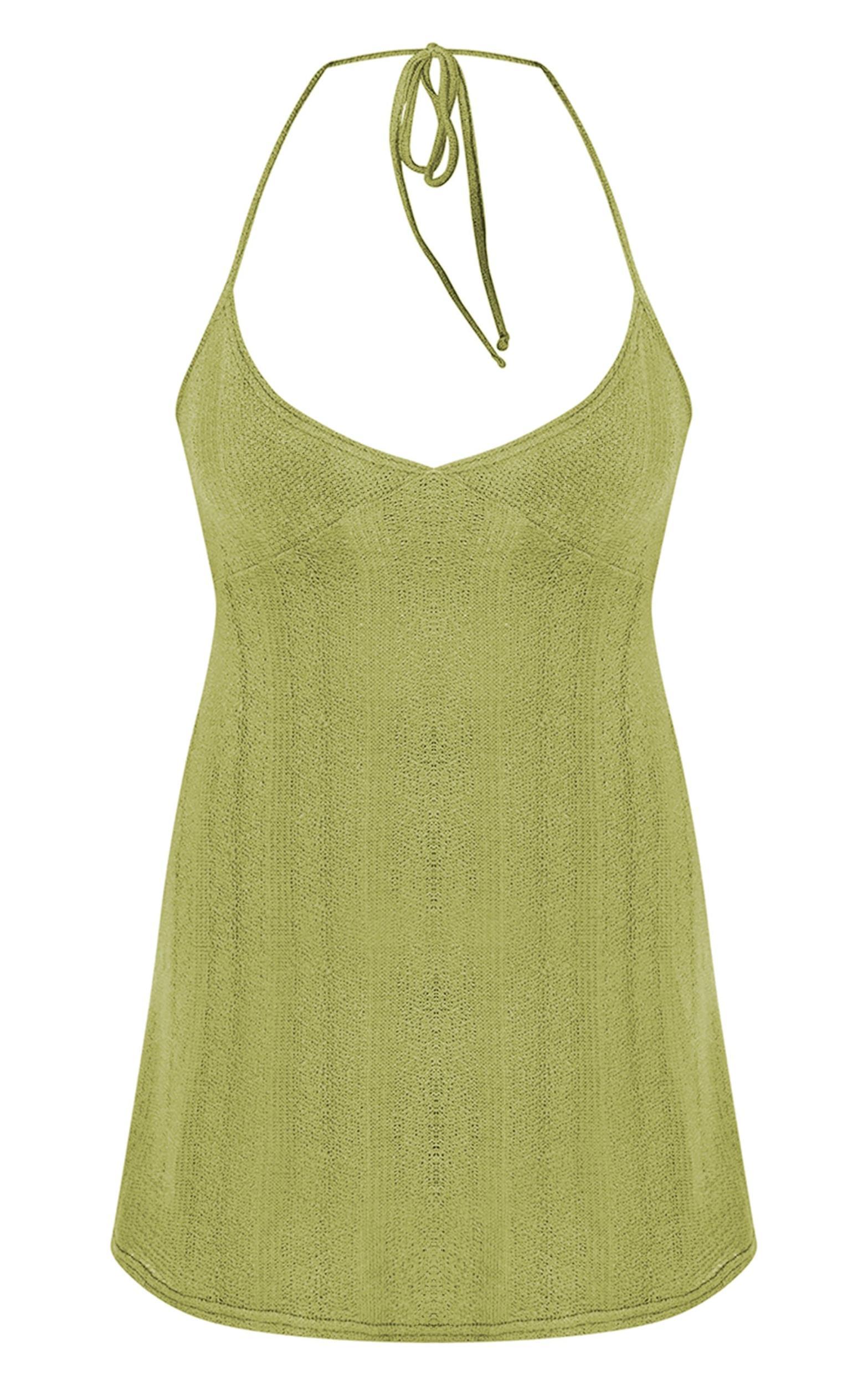 Olive Textured Tie Back Halterneck Shift Dress Product Image