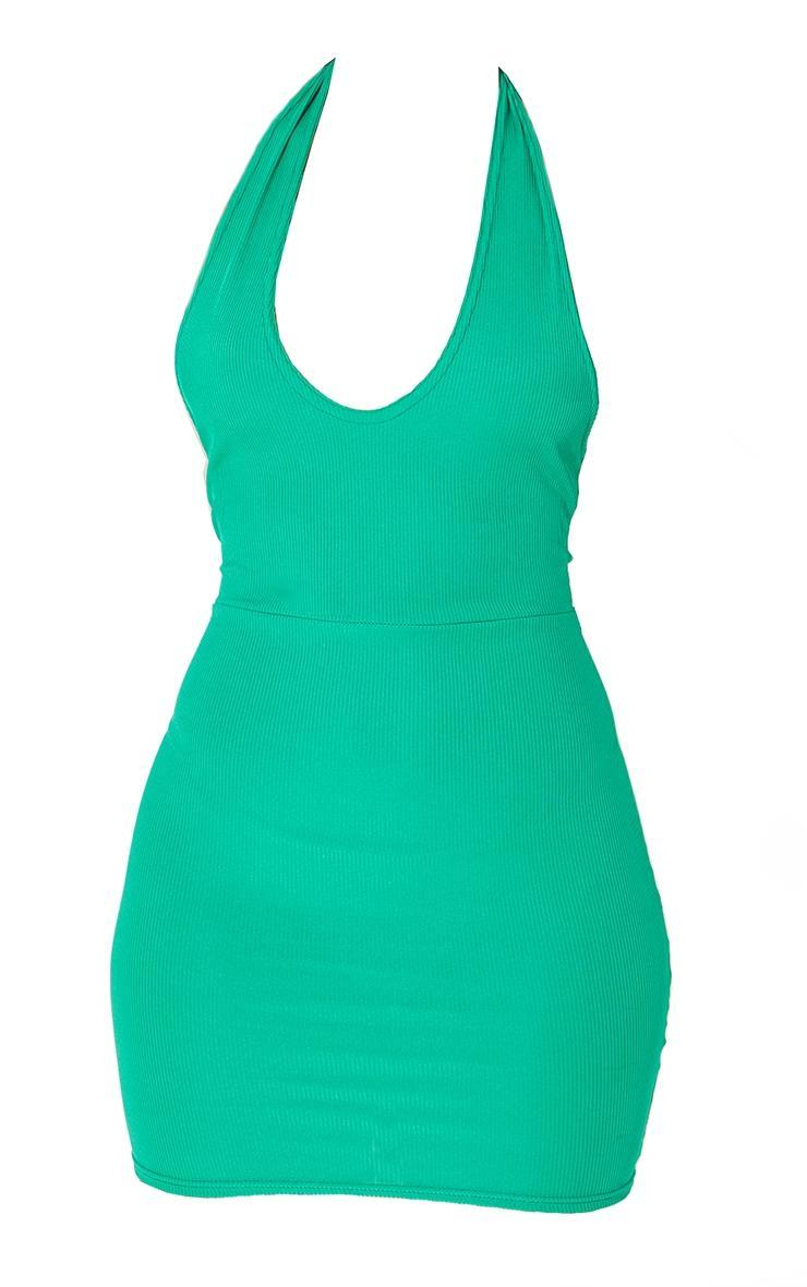 Green  Ribbed Halterneck Tie Back Bodycon Dress Product Image