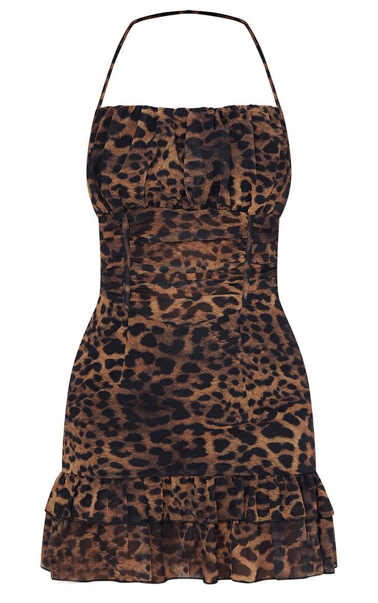 Dark Brown Leopard Print Woven Halterneck Frill Hem Bodycon Dress Product Image