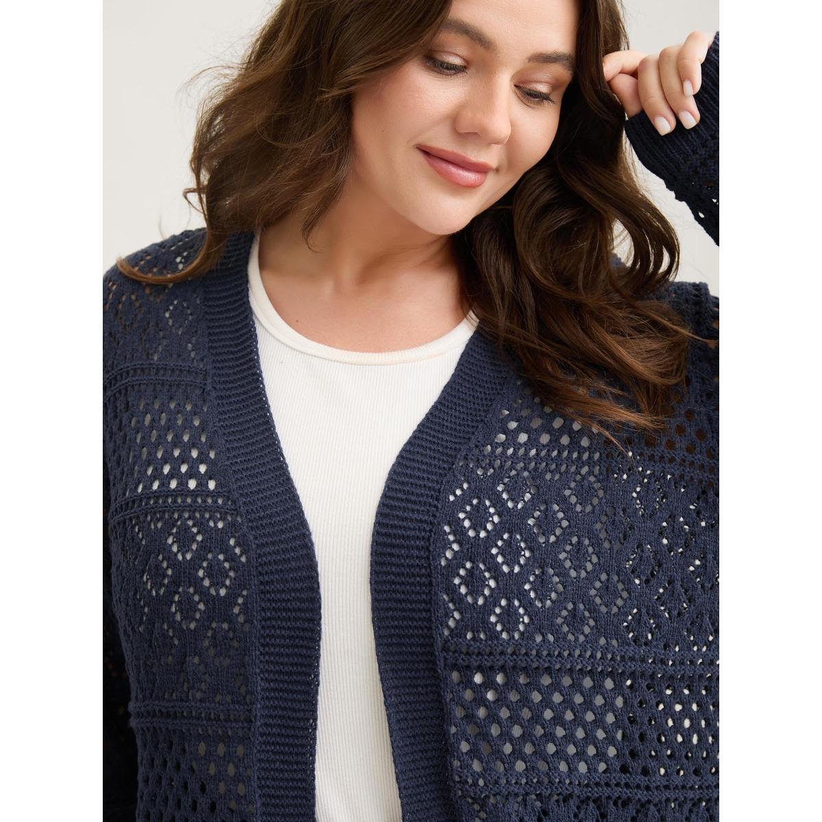 Plus Size Textured Cut-Out Arc Hem Lightweight Cardigan Indigo Women Loose Long Sleeve Everyday-Casual Cardigans BloomChic 30/6X Product Image