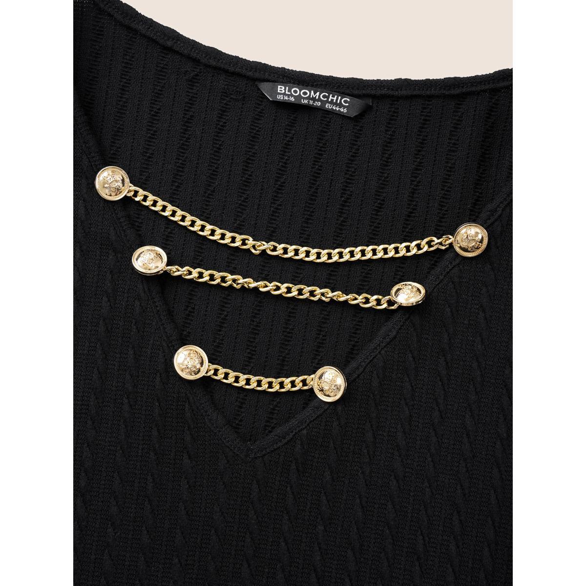 Plus Size Plain Textured Metal Chain Detail T-shirt Black Women Elegant Texture Plain V-neck Everyday T-shirts BloomChic 10/M Product Image