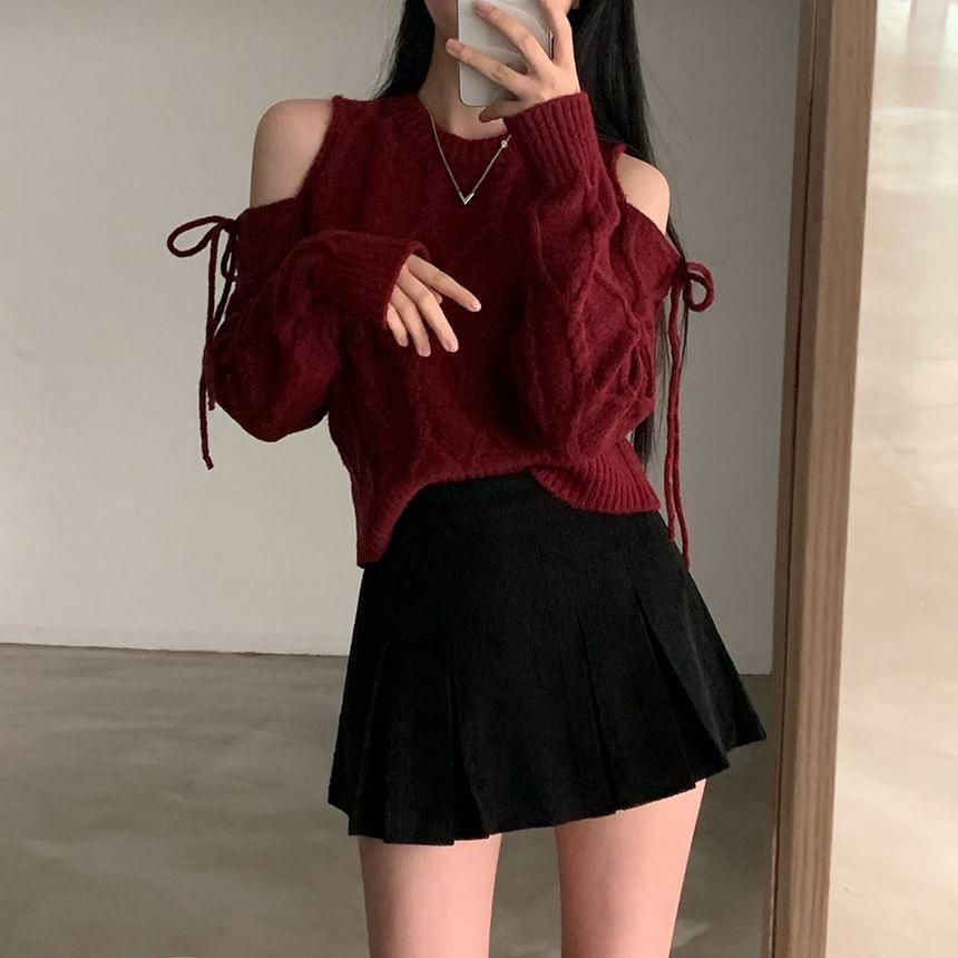 Cold-Shoulder Long-Sleeve Plain Bow Sweater Product Image