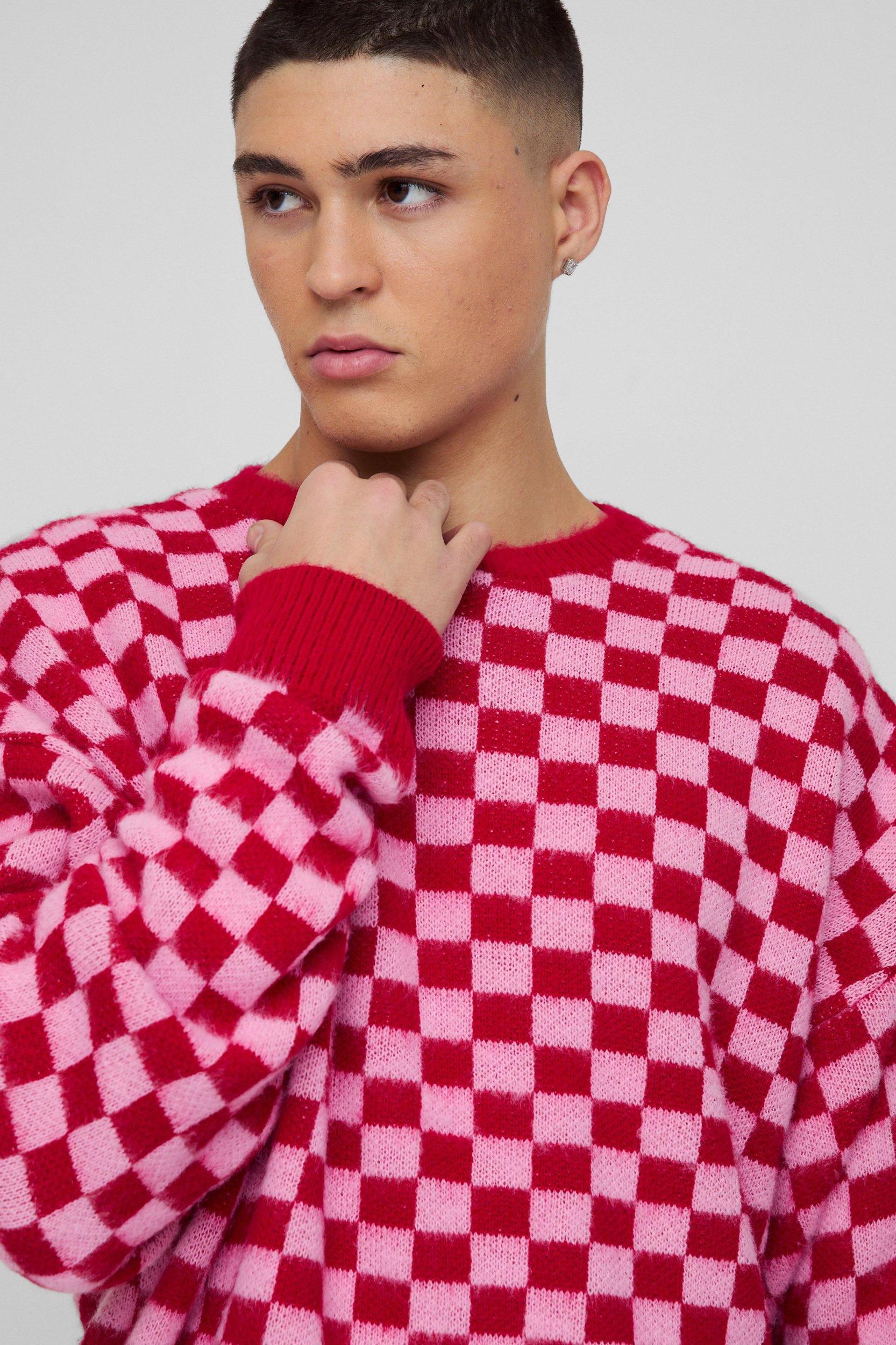 Oversized Boxy Checkered Knitted Brushed Sweater | boohooMAN USA Product Image