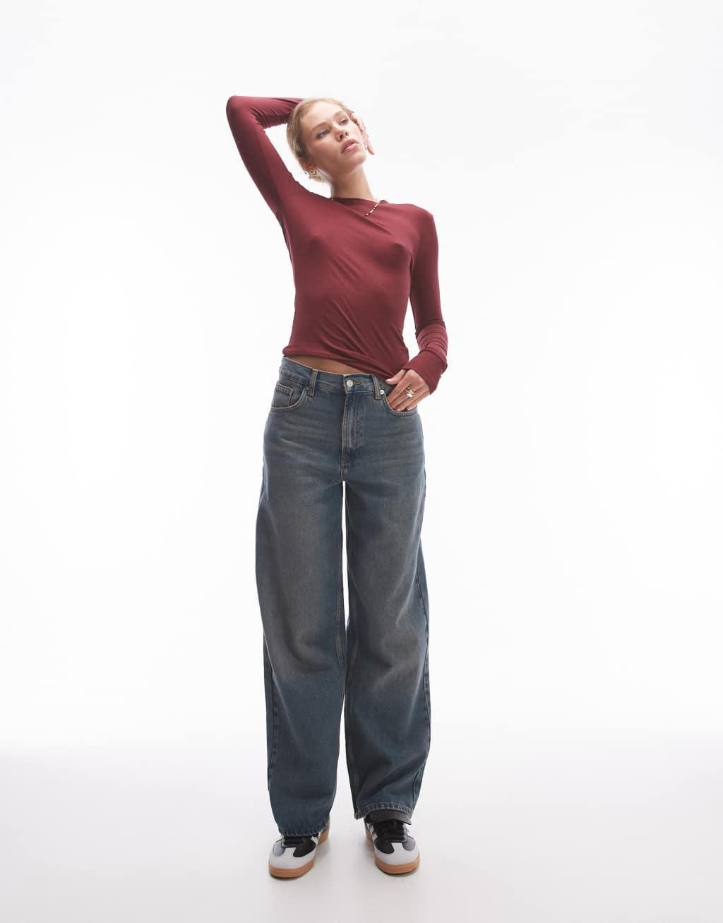Topshop premium rib long sleeve top in burgundy Product Image