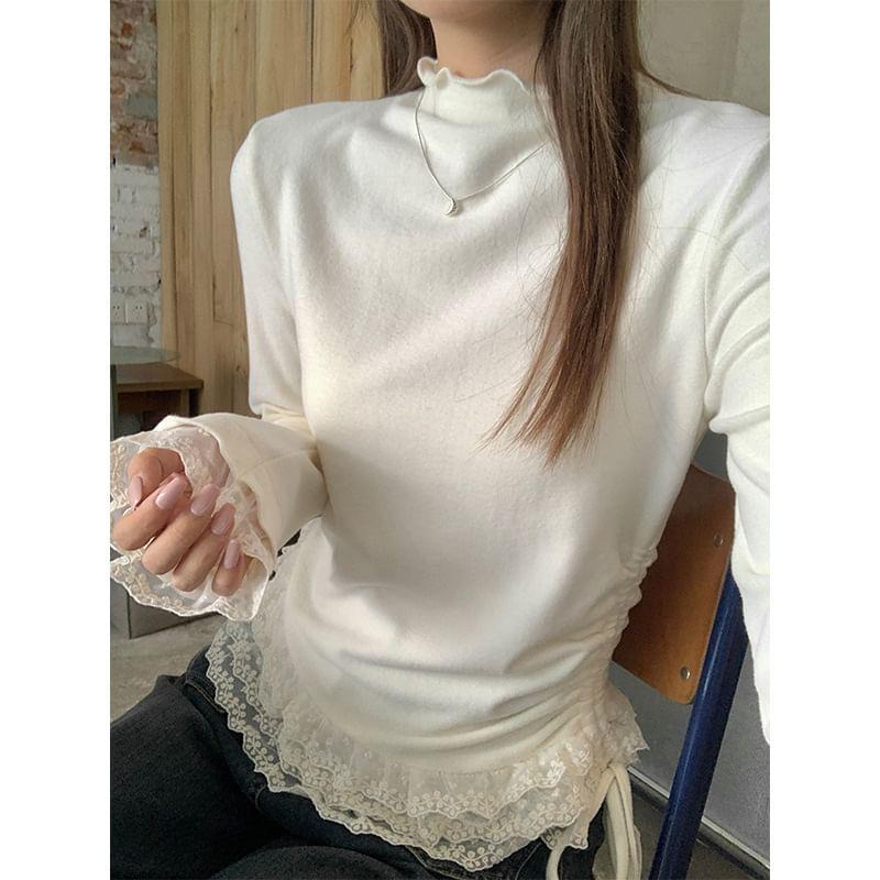 Long-Sleeve Mock Neck Drawstring Lace Trim Fleece-Lined Slim Fit Tee Product Image