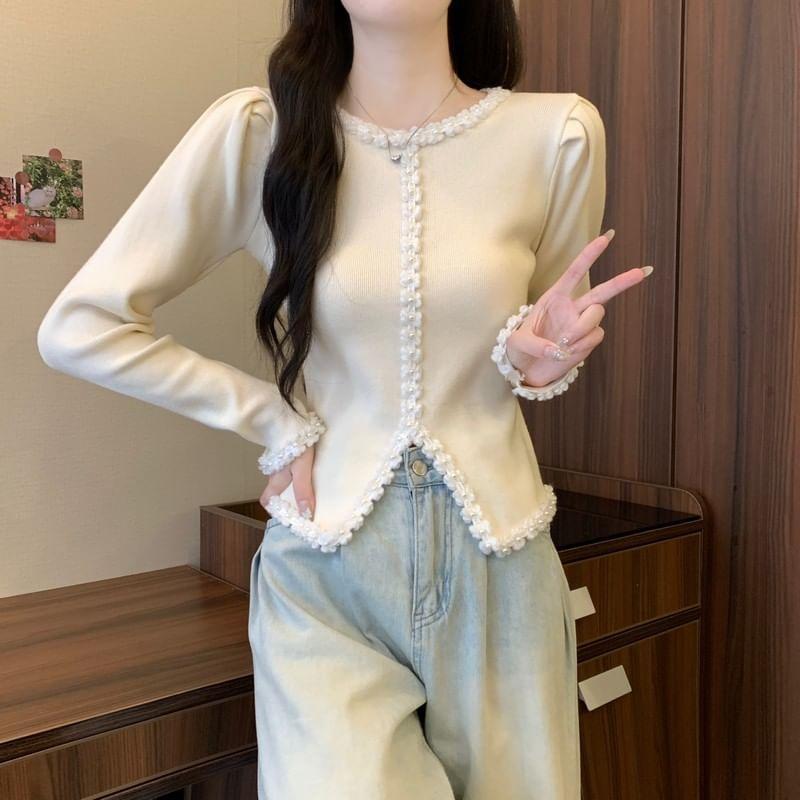 Long-Sleeve Round Neck Faux Pearl Accent Contrast Trim Slit Knit Top Product Image