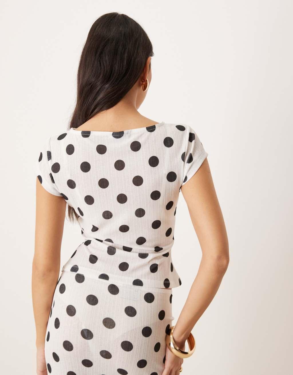 ASOS DESIGN polka dot dry handle rib slash neck top in white Product Image