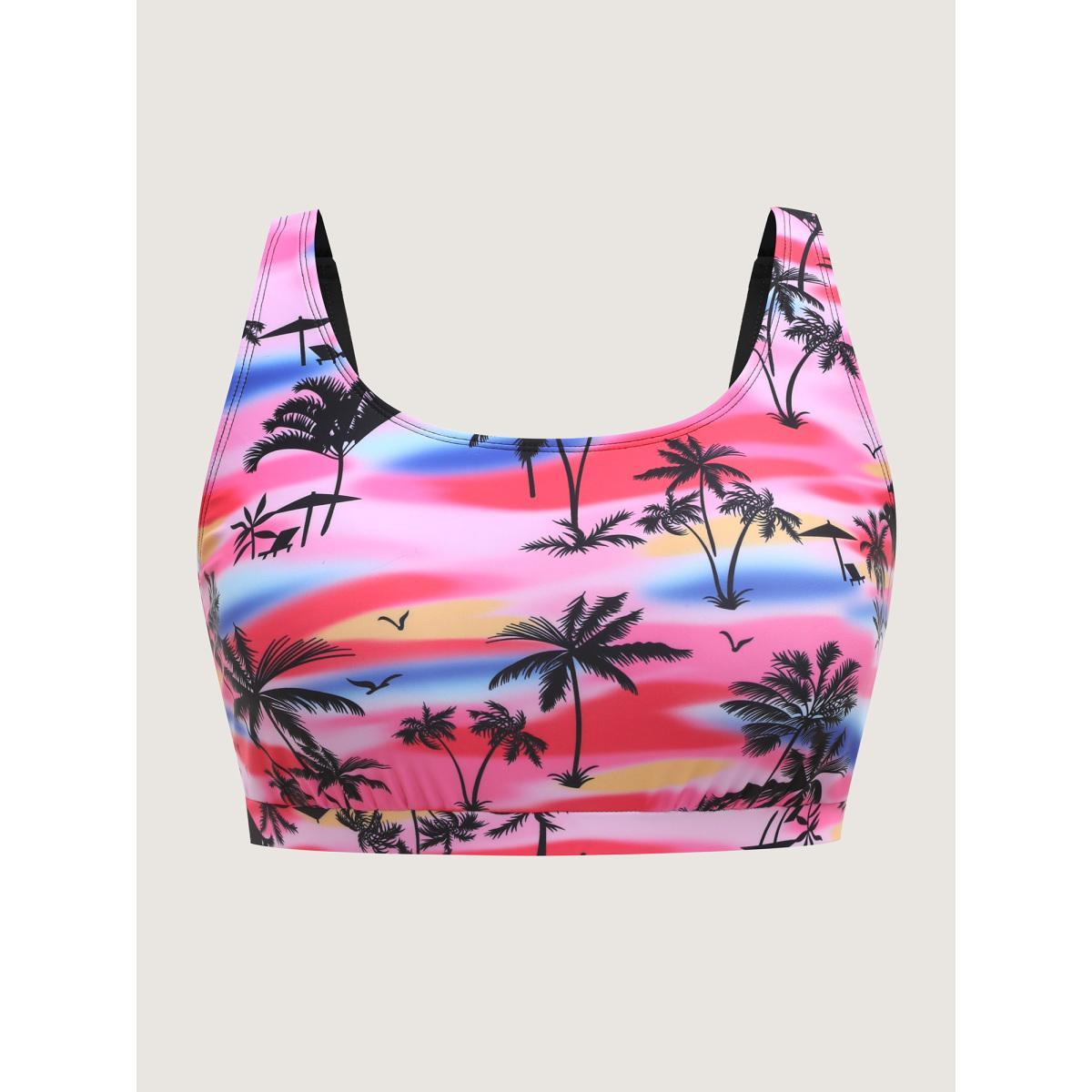 Plus Size Two-Piece Tropical Print Contrast Swim Top Women's Swimwear Black Beach Contrast High stretch Bodycon U-neck Curve Swim Tops BloomChic 28/5X Product Image