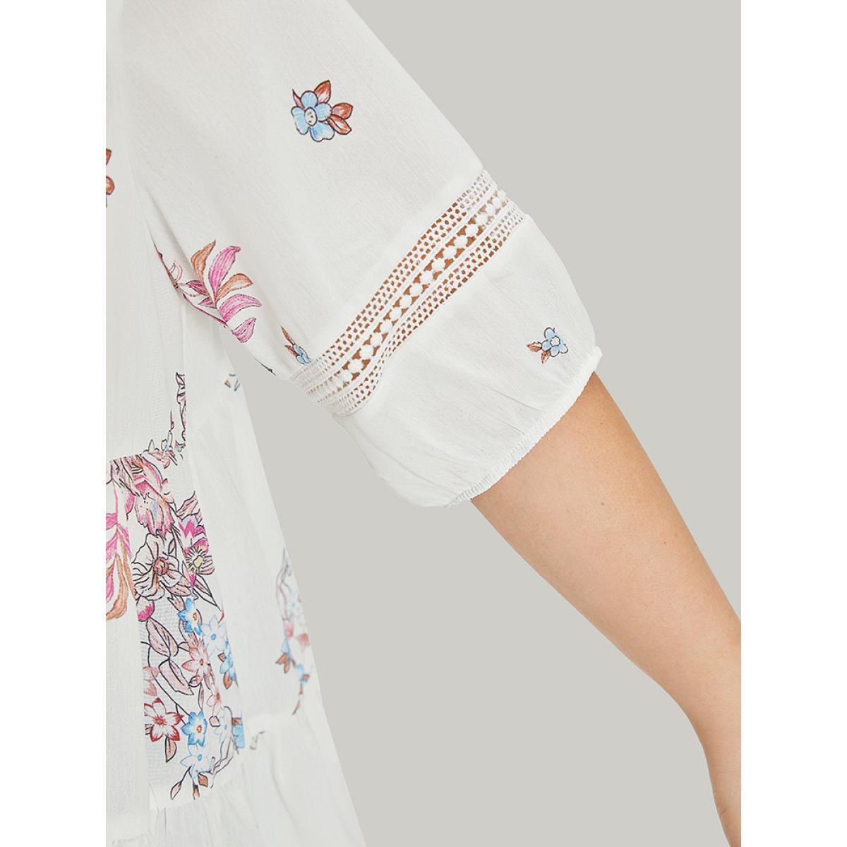 Plus Size White Floral Print Patchwork Ruffle Layered Hem Lantern Sleeve Blouse Women Elegant Half Sleeve Round Neck Dailywear Blouses BloomChic 28/5X Product Image