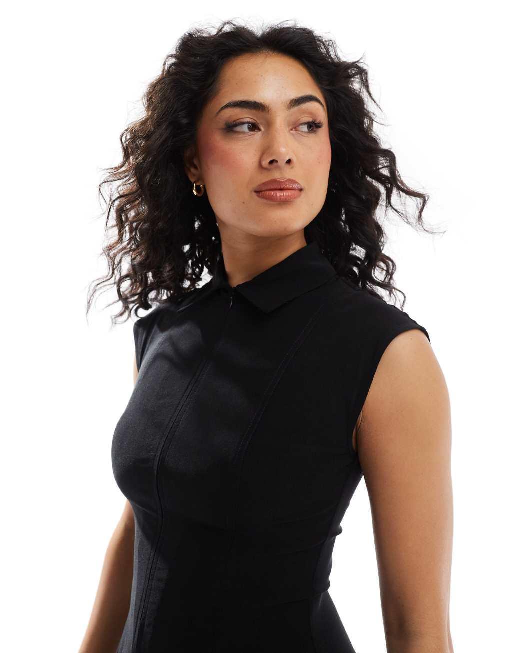 Stradivarius zip detail a line mini dress in black Product Image