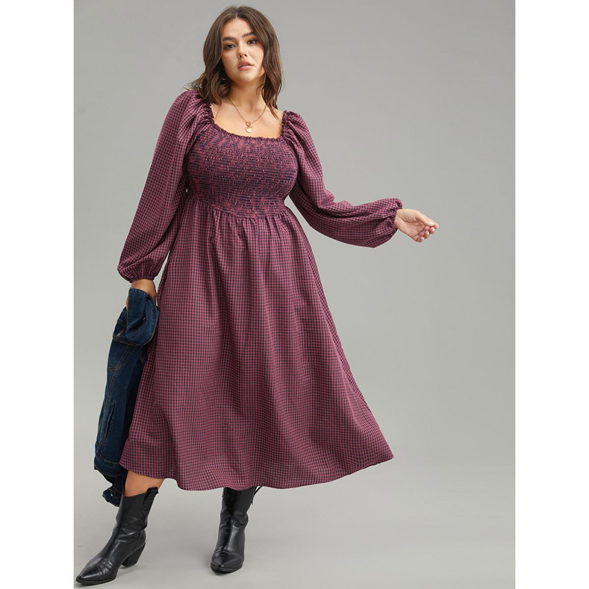 Plus Size Gingham Square Neck Frill Trim Shirred Dress RedViolet Women Casual Elastic cuffs Square Neck Long Sleeve Curvy Midi Dress BloomChic 10/M Product Image