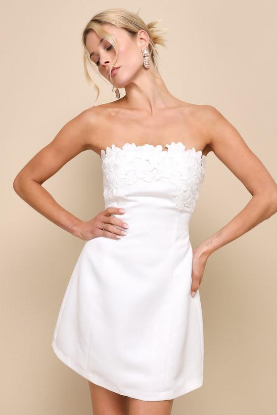 Unforgettable Icon White Satin Strapless Floral Mini Dress Product Image