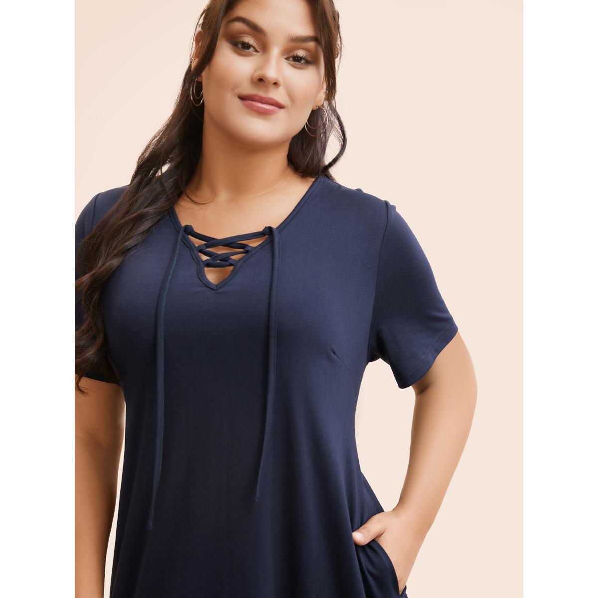 Plus Size Solid Lace Up Pocket Midi Dress Indigo Women Casual Wraparound straps V-neck Short sleeve Curvy BloomChic 18-20/2X Product Image