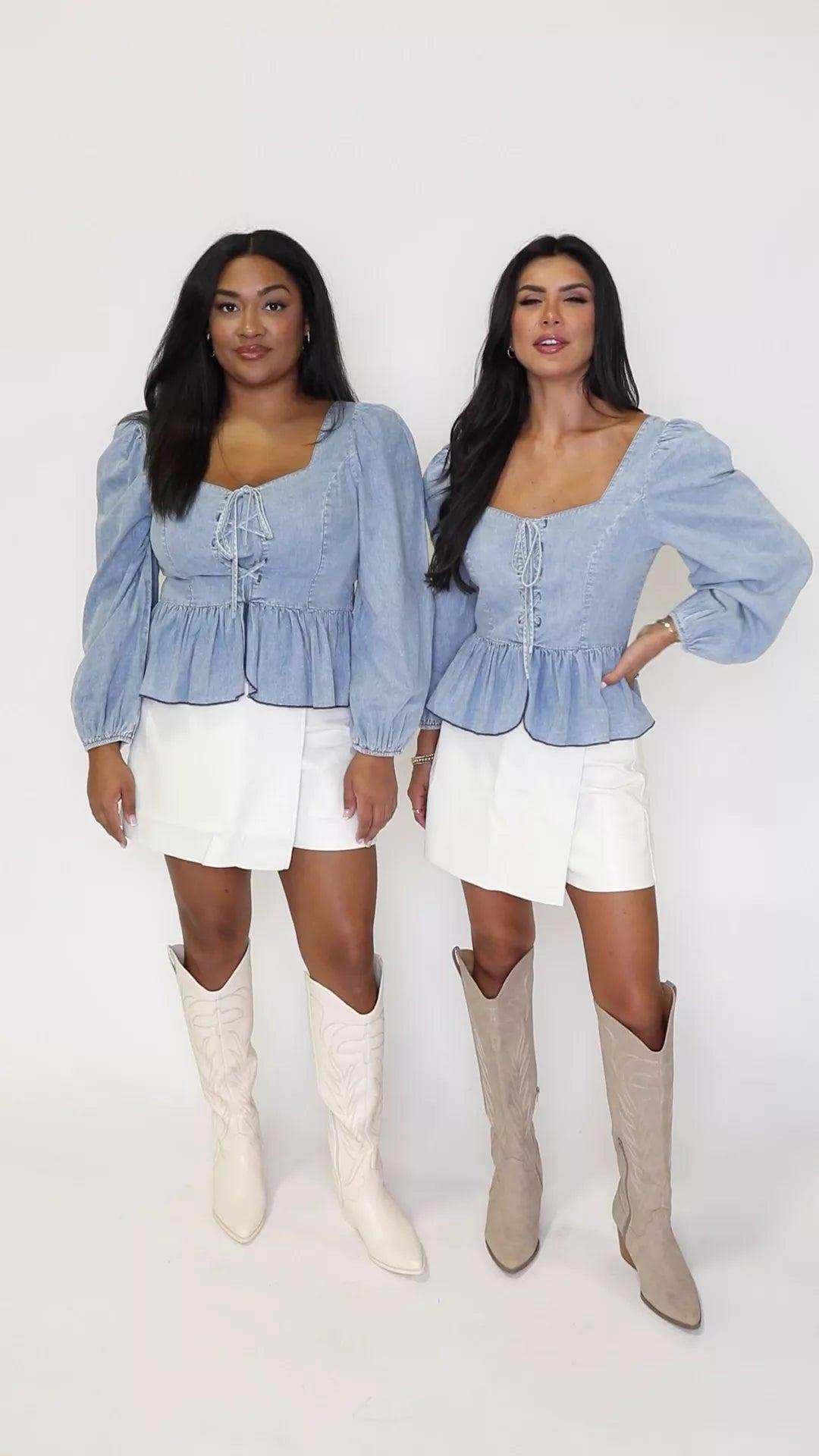 Up To Me Medium Wash Corset Front Chambray Blouse FINAL SALE Product Image