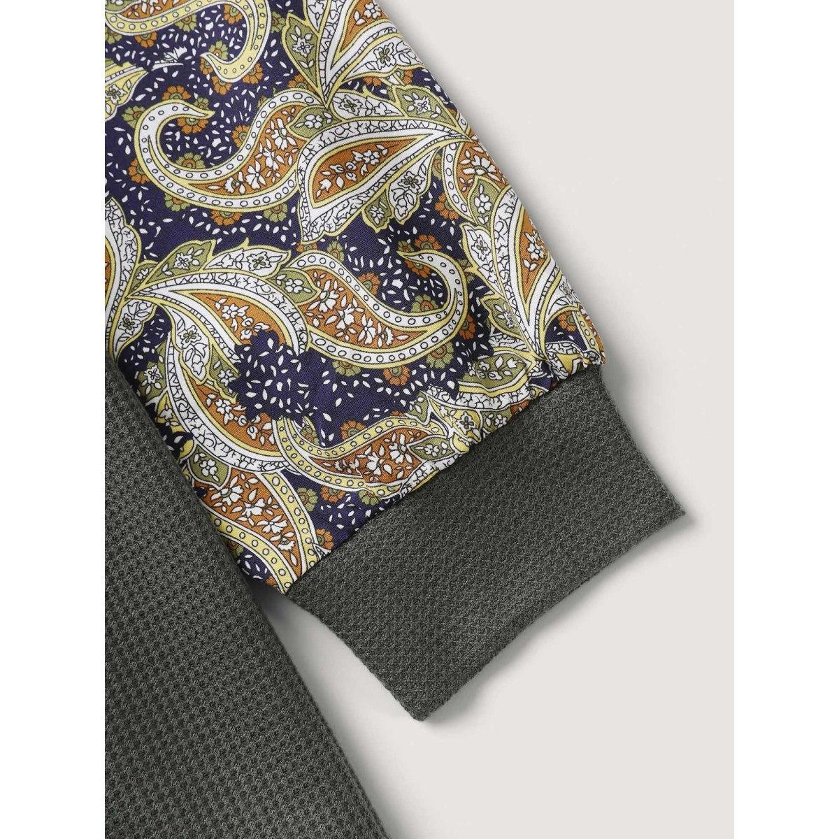 Plus Size Paisley Sleeve Textured Contrast Sweatshirt Women ArmyGreen Woven ribbon&lace trim Round Neck Everyday-Casual Sweatshirts BloomChic 12/L Product Image