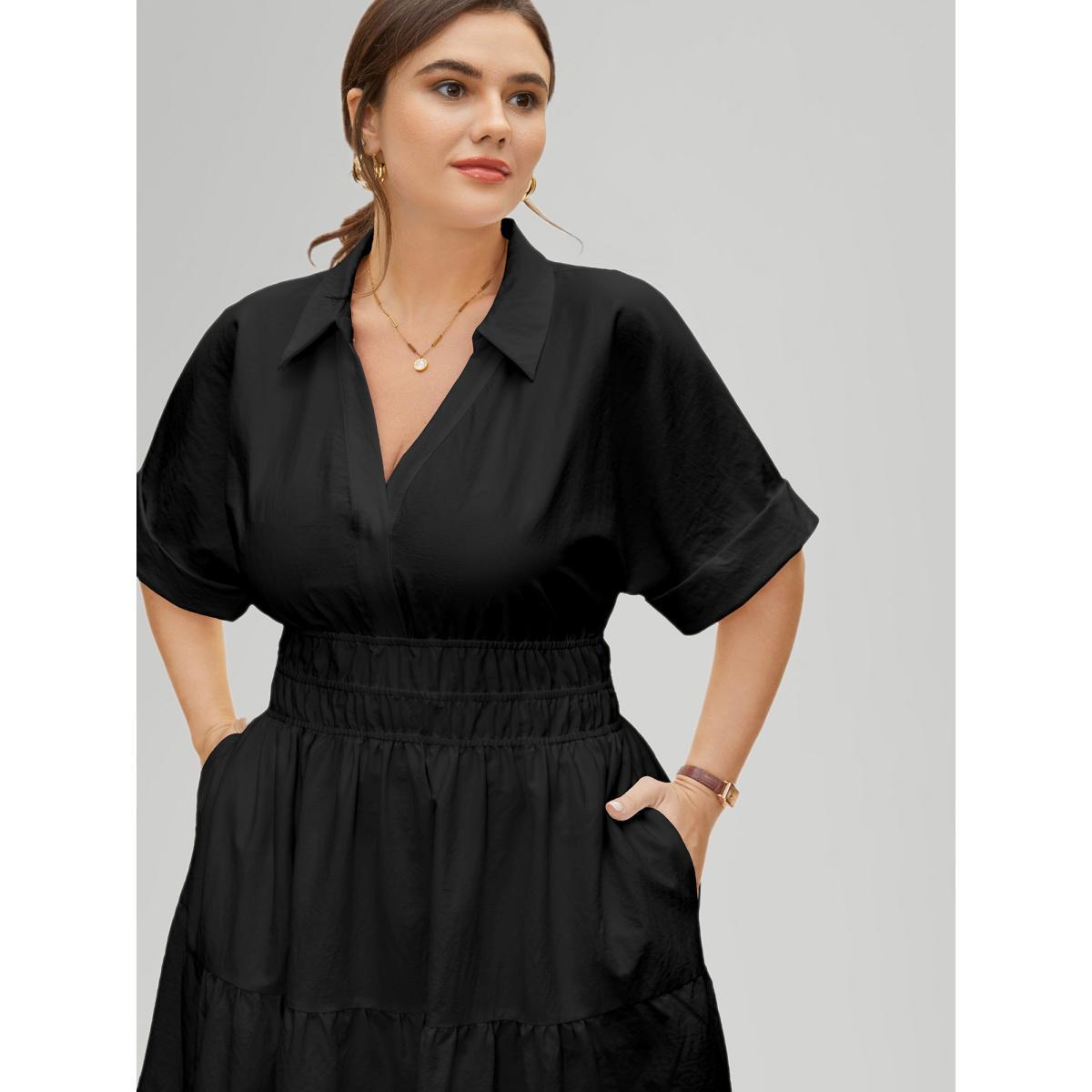Plus Size Midfield Tiered Midi Shirt Dress Black Women At the Office Gathered Shirt collar Short sleeve Curvy BloomChic 30/6X Product Image