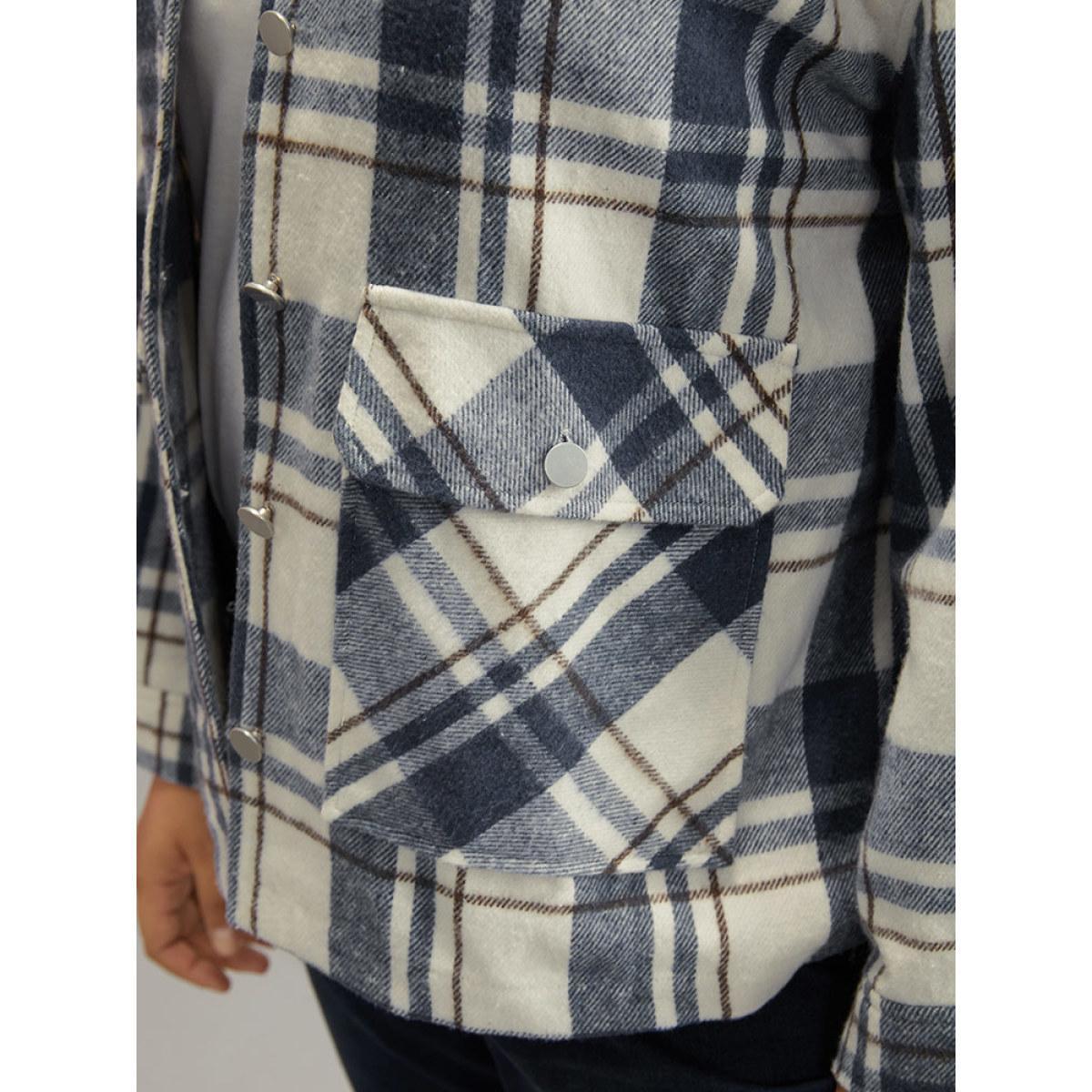 Plus Size Plaid Lapel Collar Metal Detail Pocket Shacket Women DarkBlue Casual Contrast Ladies Everyday Winter Coats BloomChic 10/M Product Image