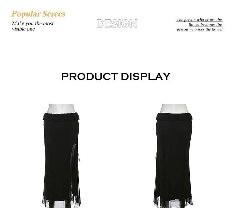High Waist Plain Ruffle Trim Slit Midi Pencil Skirt Product Image