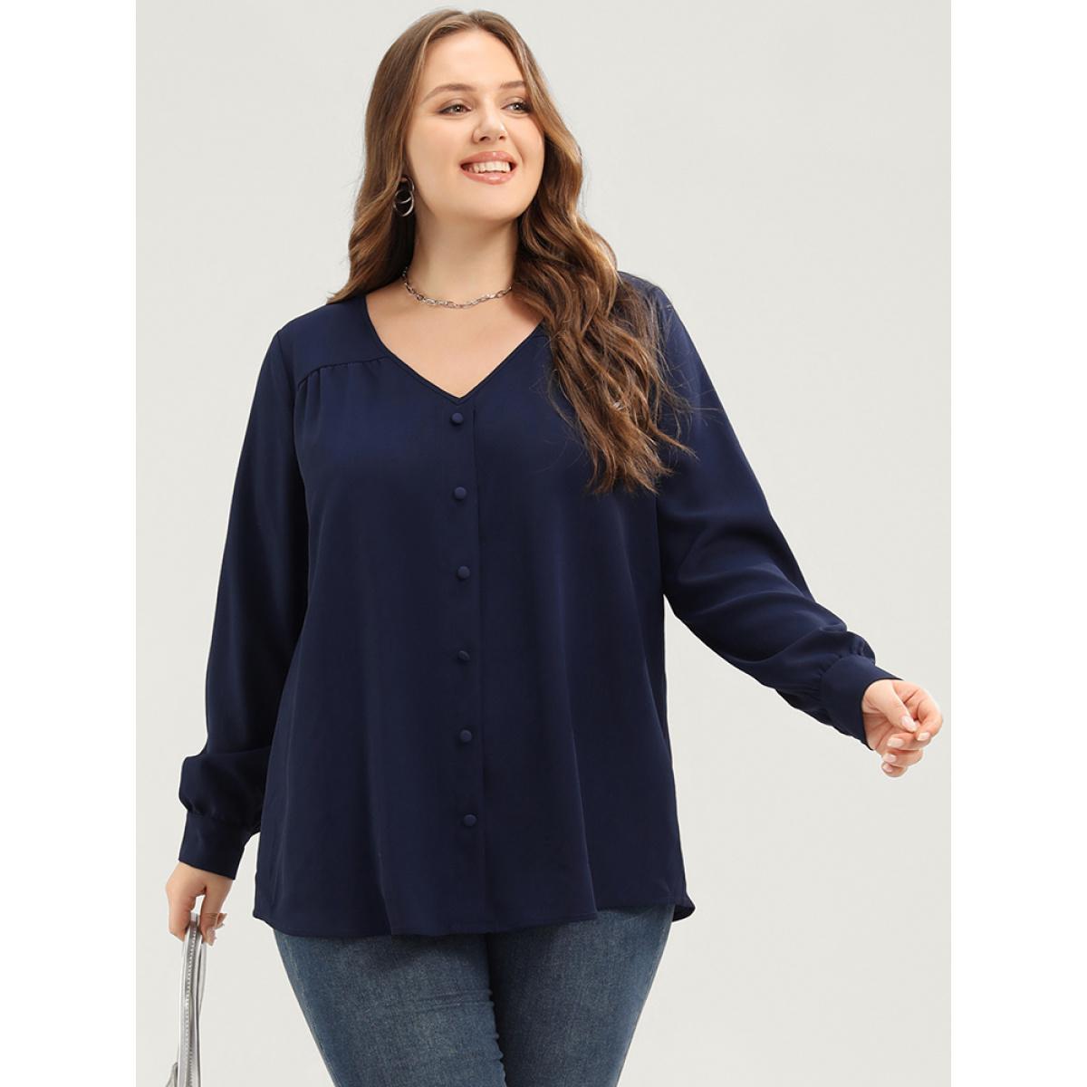 Plus Size Indigo Solid Button Detail Gathered V Neck Blouse Women Elegant Long Sleeve V-neck Dailywear Blouses BloomChic 28/5X Product Image