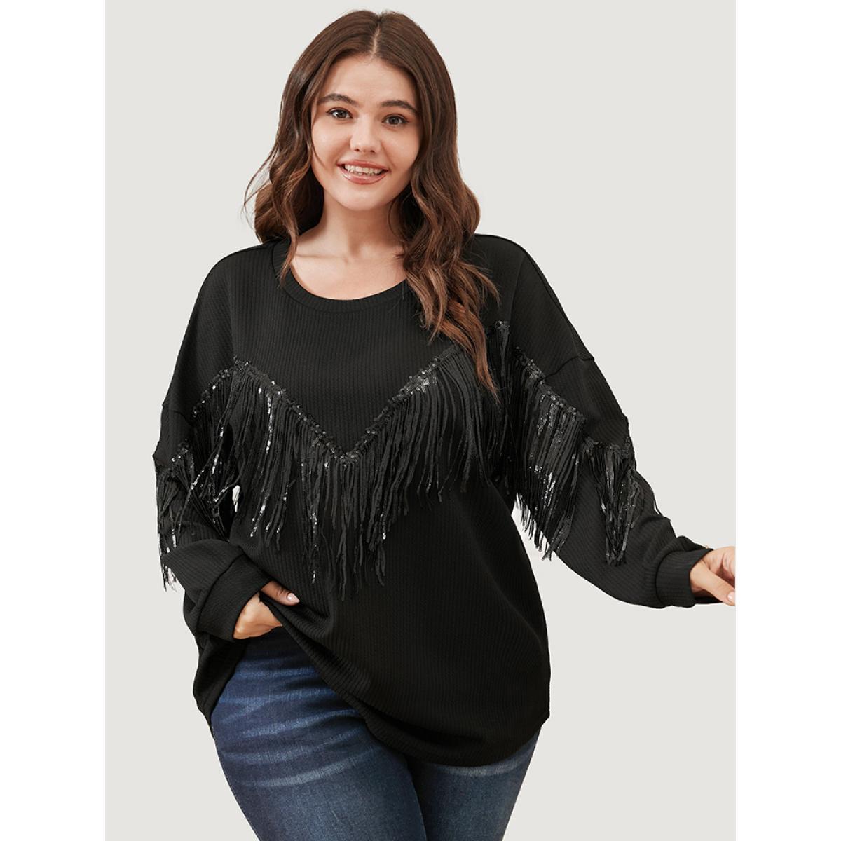Plus Size Solid Fringe Trim Sequin Drop Shoulder Sweatshirt Women Black Party Patchwork Round Neck Going out Sweatshirts BloomChic 30/6X Product Image