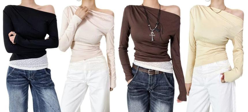 One Shoulder Long Sleeve Two Tone Panel Ruched T-Shirt Product Image