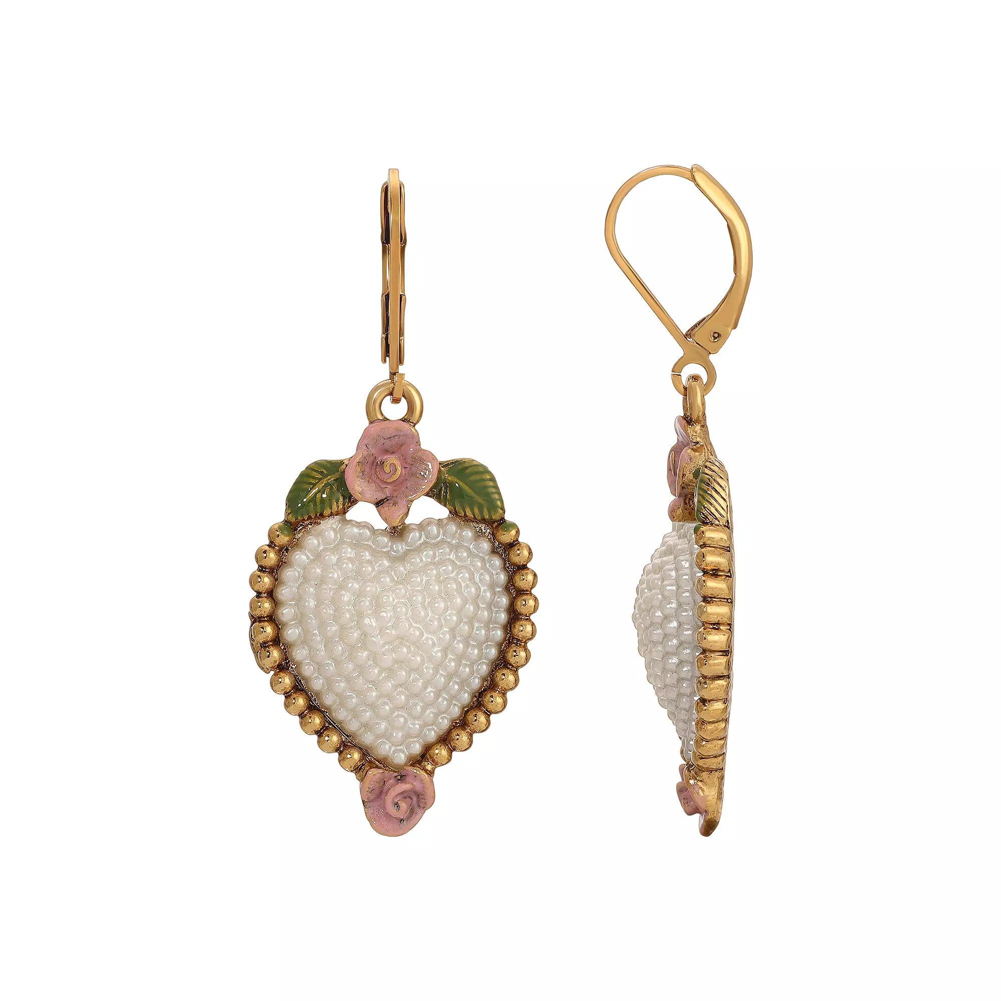 1928 Gold Tone Simulated Pearl Pink Flower Heart Drop Earrings, Womens Product Image