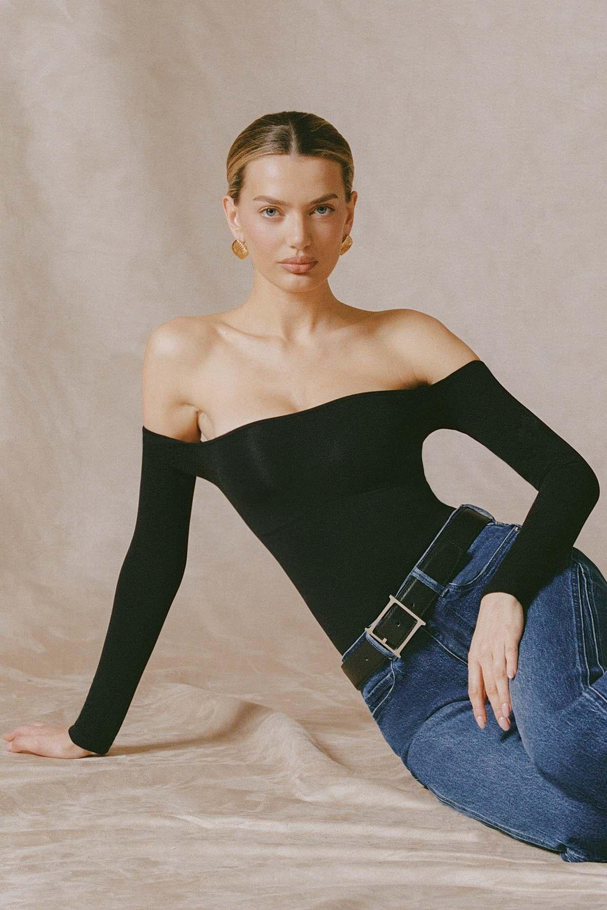 Seamless Off-Shoulder Long-Sleeve Bodysuit in Black Product Image