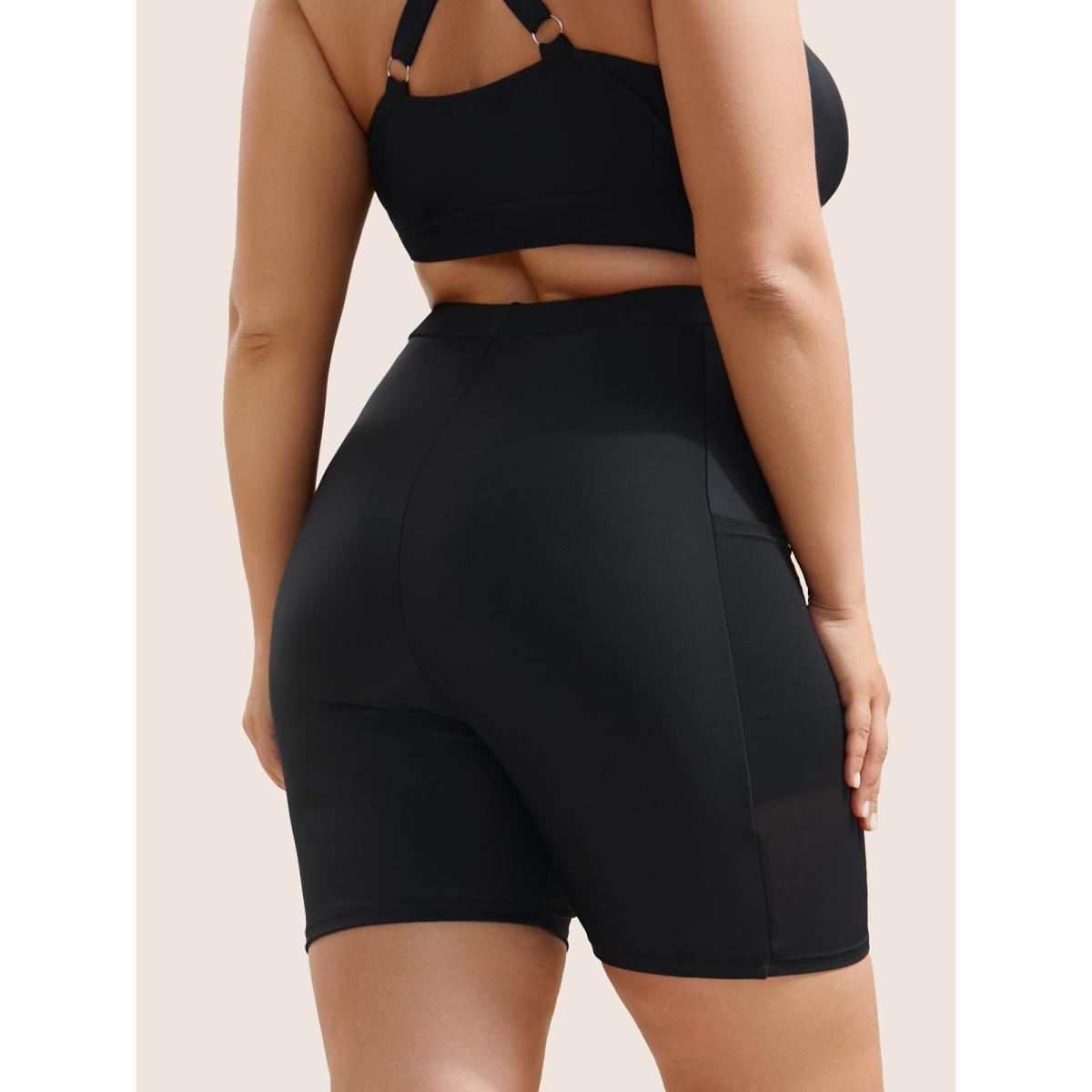 Plus Size Plain Mesh Patchwork Patched Pocket Swim Bottoms Women's Swimwear Black Beach See through High stretch Skinny High Rise Slanted pocket Curve Swim Bottoms BloomChic 14-16/1X Product Image