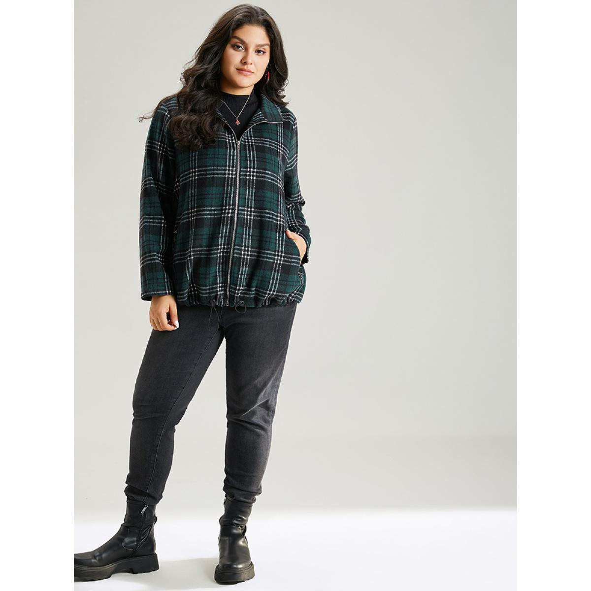Plus Size Plaid Lapel Collar Pocket Zipper Fly Jacket Women DarkGreen Contrast Pocket Dailywear Jackets BloomChic 10/M Product Image