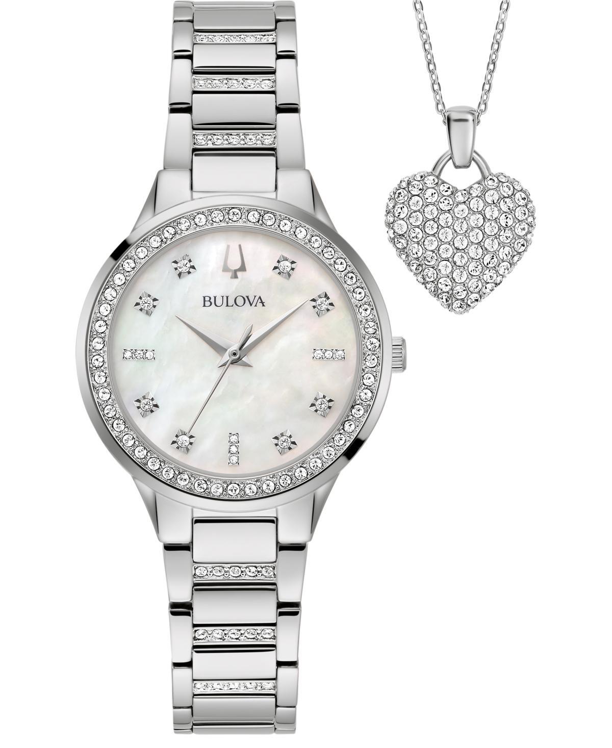 Bulova Womens Stainless Steel Crystal Accent Bracelet Watch & Crystal Heart Necklace Box Set - 96X162 White Product Image