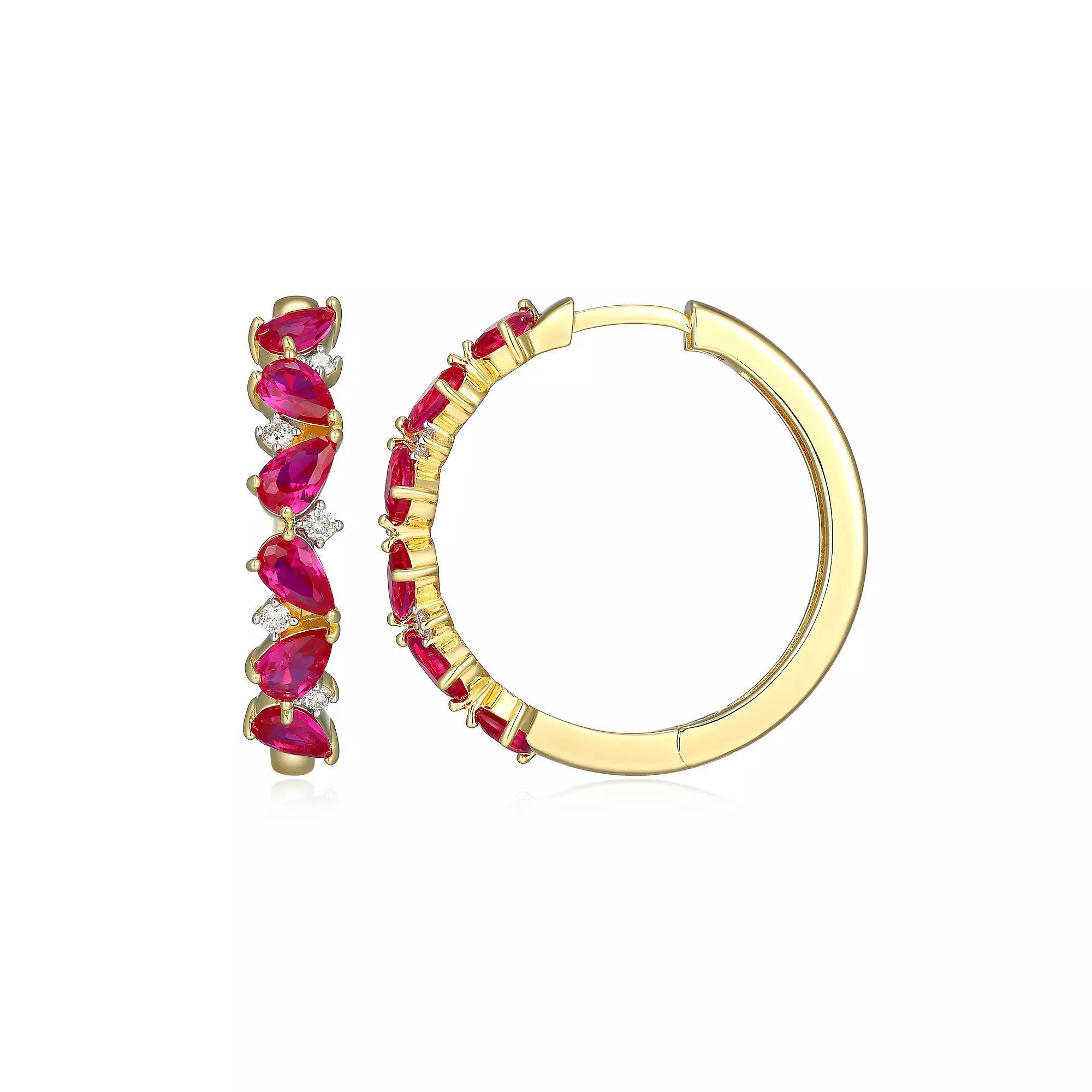 18k Gold Over Silver 1/6 Carat T.W. Lab-Grown Diamond & Lab-Created Ruby Huggie Hoop Earrings, Women's, Gold Tone Product Image