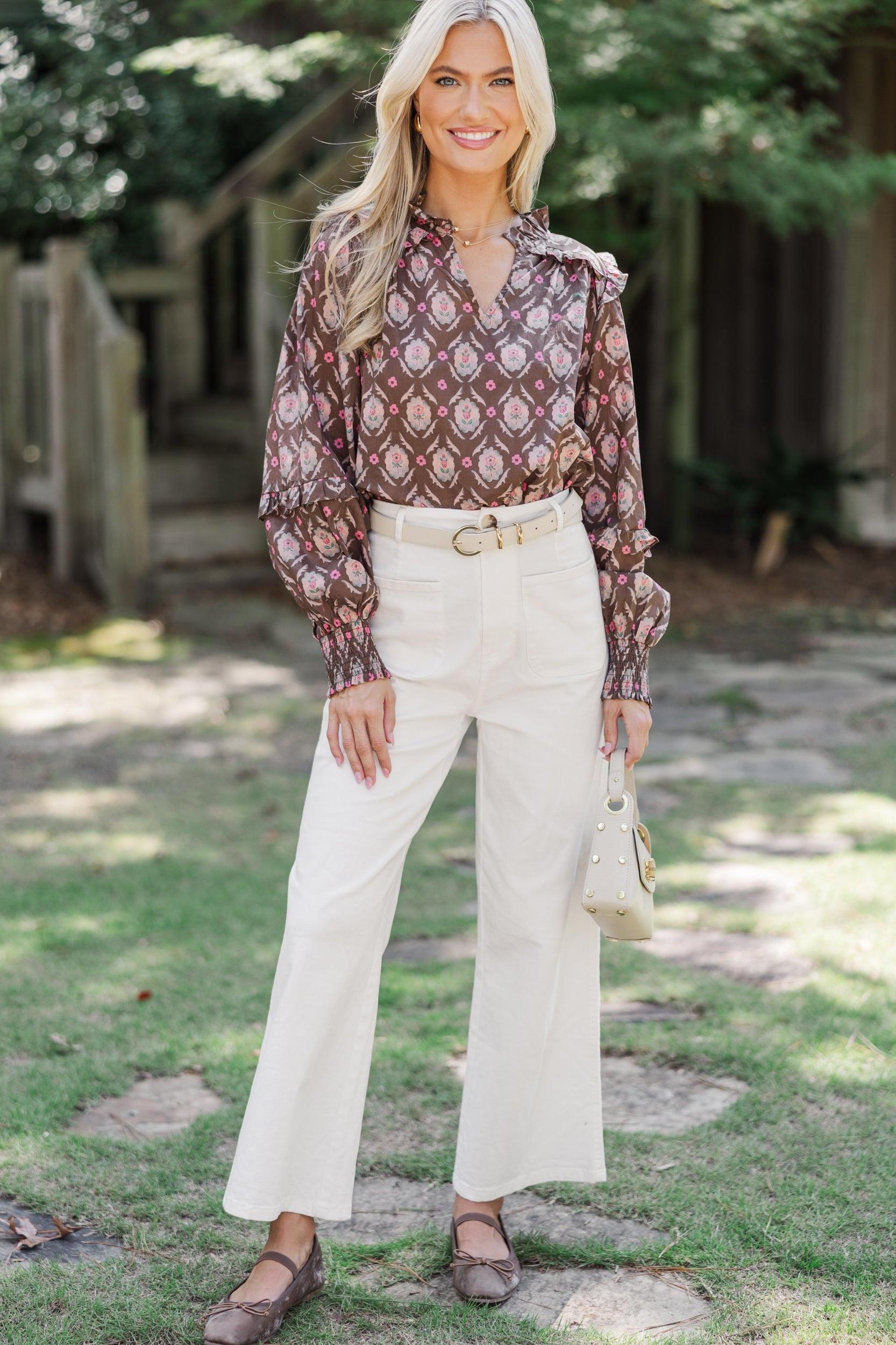 Tell It All Brown Medallion Blouse Female Product Image