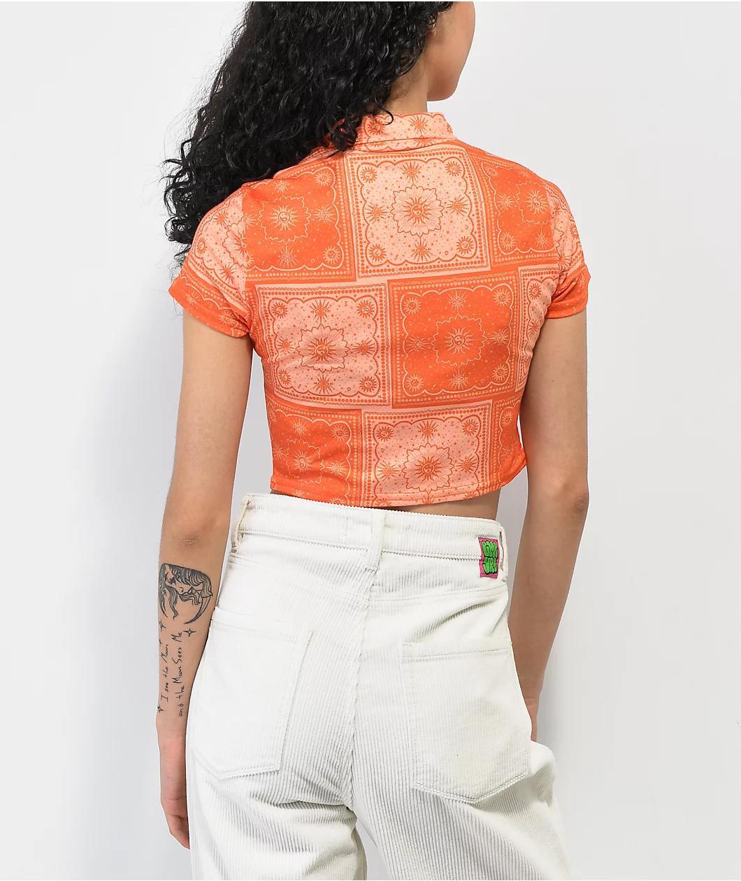 Daisy Street Bandana Orange Short Sleeve Crop Button Up Shirt Product Image