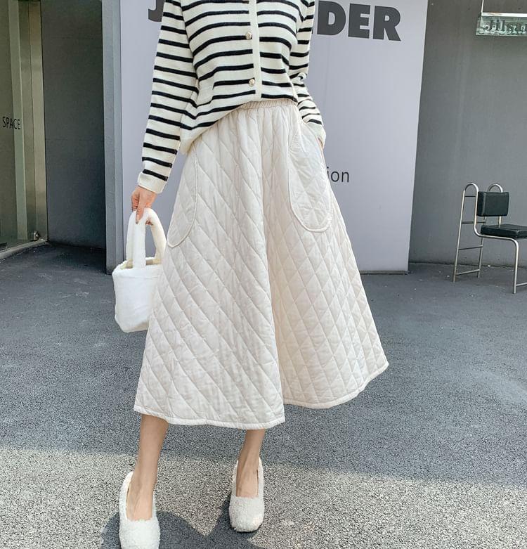 High Rise Plain Quilted Midi A-Line Skirt Product Image