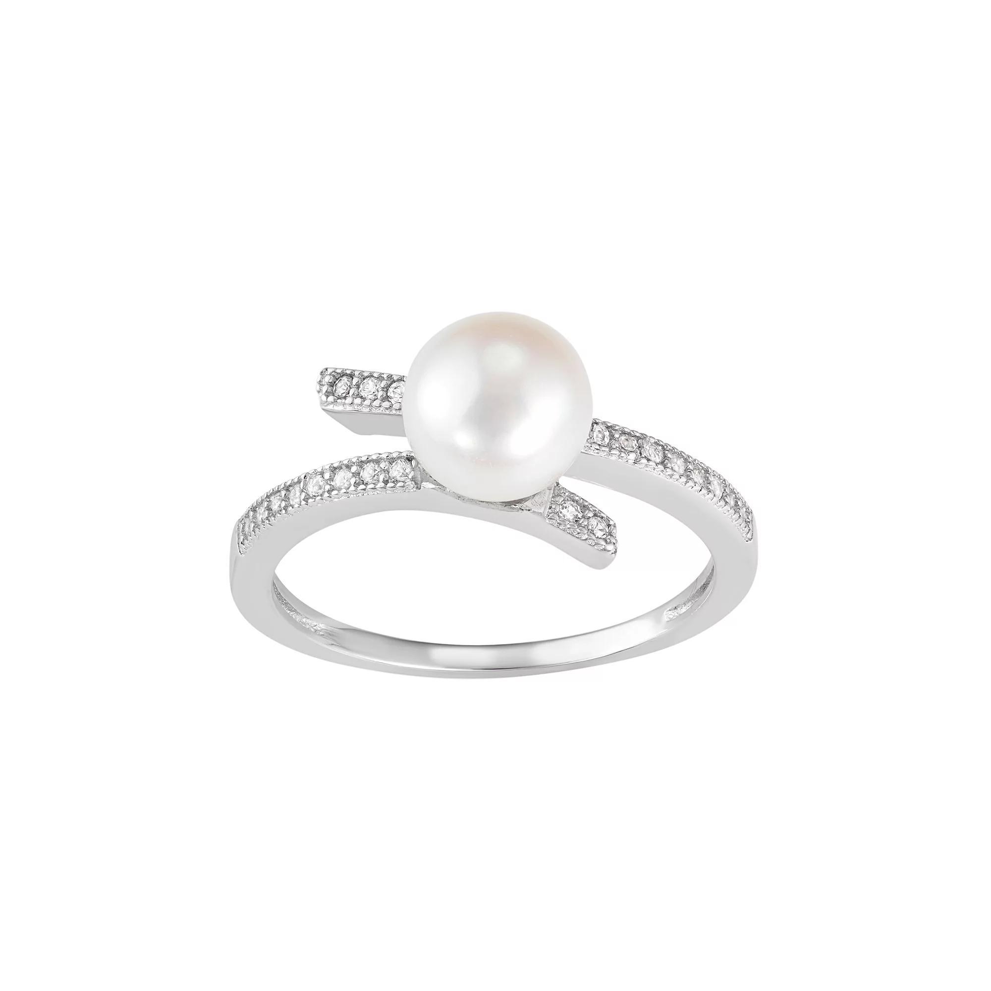 Sterling Silver Freshwater Cultured Pearl & Lab-Created White Sapphire Bypass Ring, Women's, Size: 7 Product Image