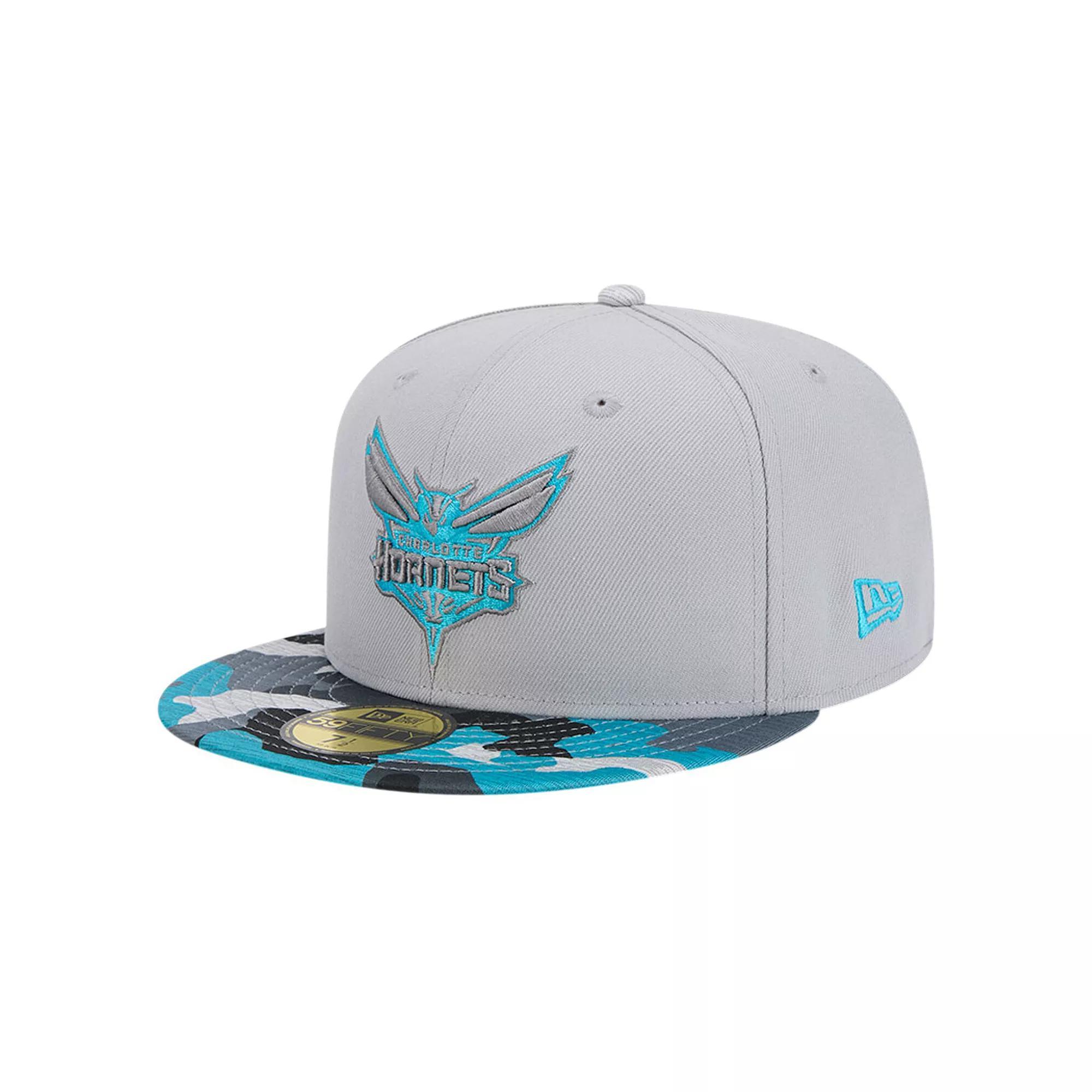 Men's New Era Gray Charlotte Hornets Active Color Camo Visor 59FIFTY Fitted Hat, Size: 7 3/8, Chr Grey Product Image