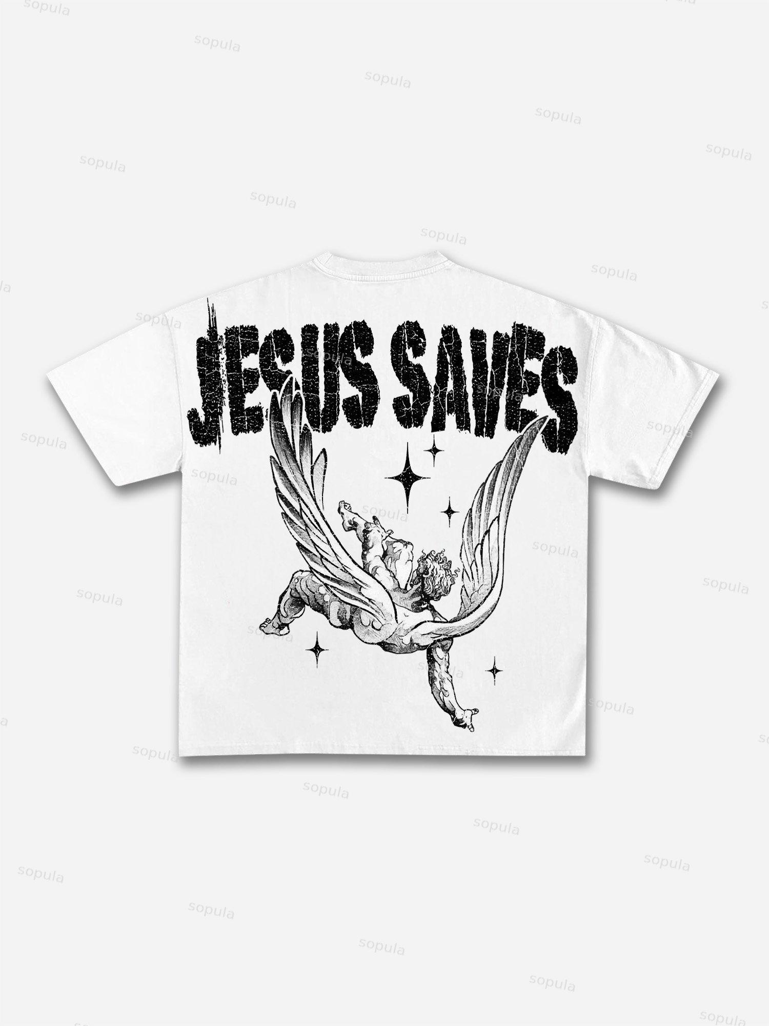 Jesus Saves Angels Print Cotton T-shirt Product Image