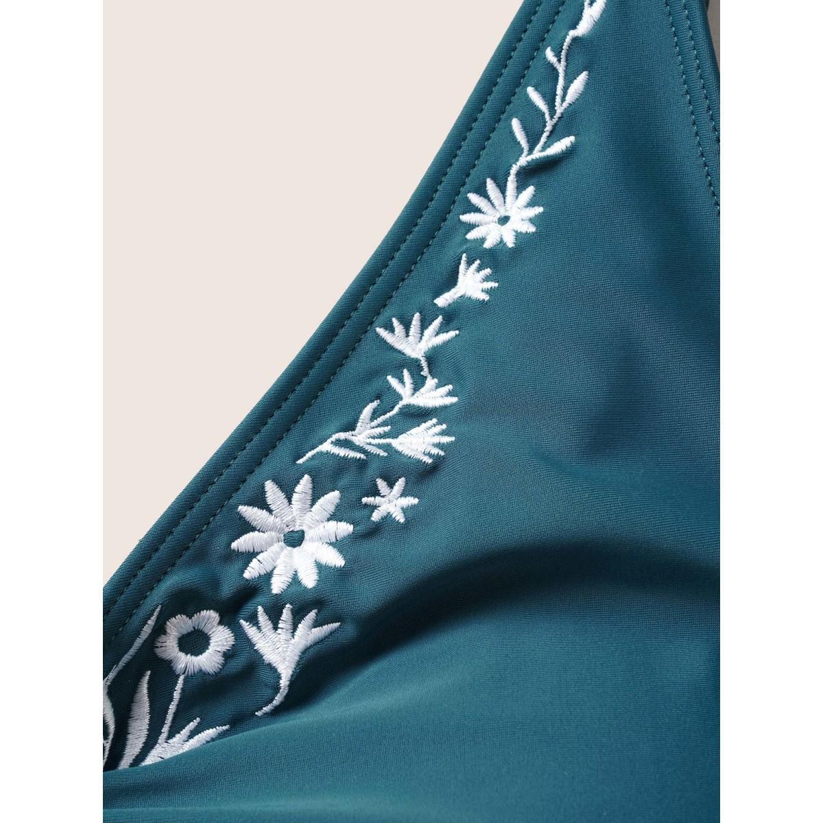 Plus Size Floral Embroidered Knot Ruched Swim Top Women's Swimwear Cyan Beach Non High stretch Skinny V-neck Curve Swim Tops BloomChic 30/6X Product Image
