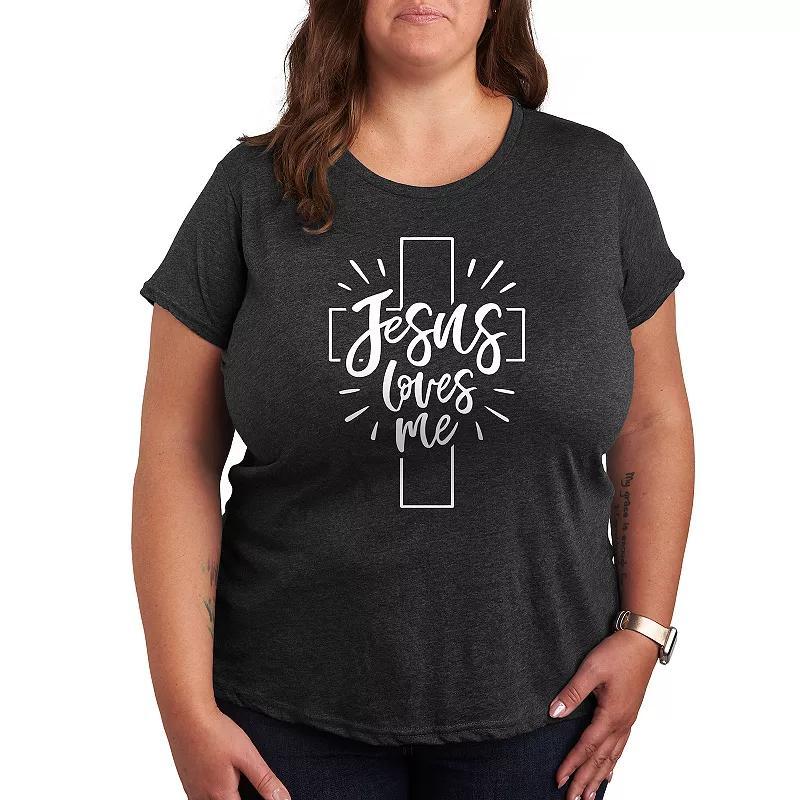 Plus Jesus Loves Me Graphic Tee, Womens Grey Royal Blue Product Image