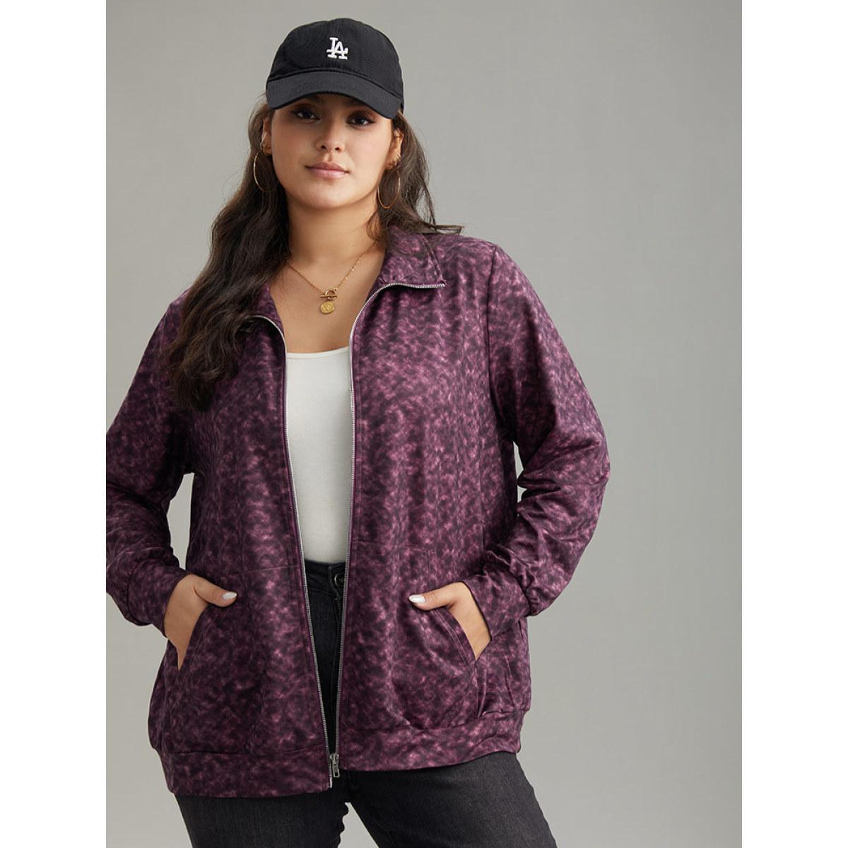 Plus Size Tie Dye Zipper Fly Pocket Jacket Women Purple Zipper Pocket Dailywear Jackets BloomChic 30/6X Product Image