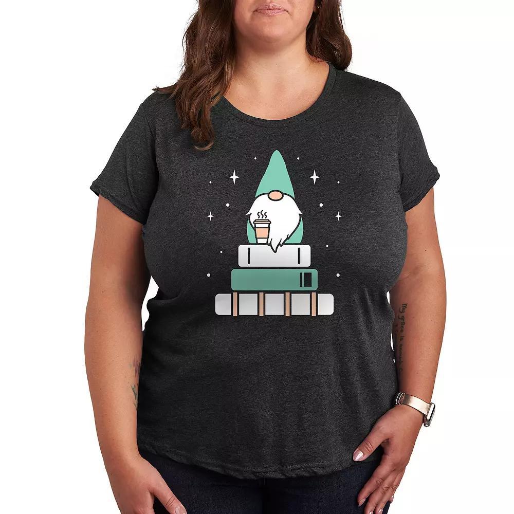 Plus Gnome with Coffee and Books Graphic Tee, Womens Heather Grey Product Image