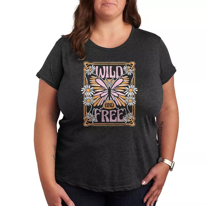 Plus Wild And Free Butterfly Graphic Tee, Womens Heather Grey Product Image