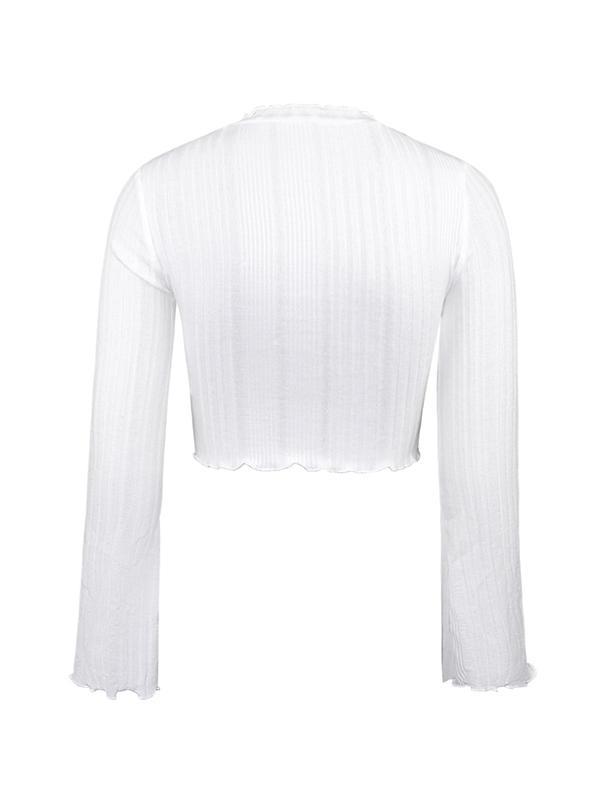 White Ruched Crop Flare Long Sleeve Knit Product Image