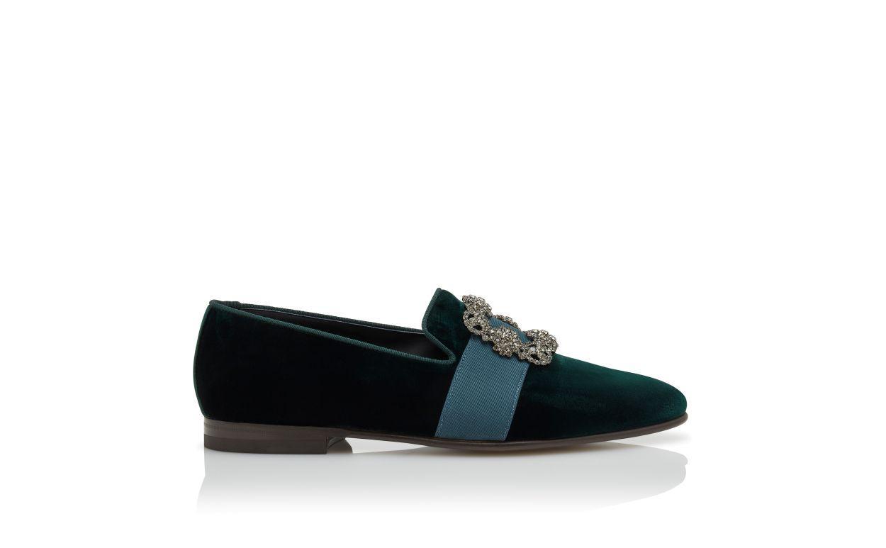 CARLTON Green Velvet Jewel Buckle Loafers Product Image