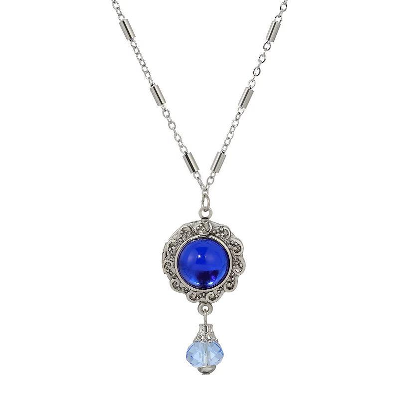 1928 Glass Stone Locket & Bead Necklace, Womens, Blue Product Image