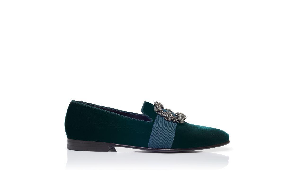 CARLTON Green Velvet Jewel Buckle Loafers Product Image